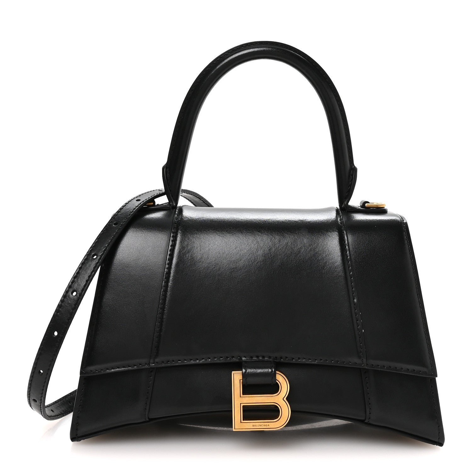 Balenciaga Shiny Box Calfskin Small Hourglass Top Handle Bag Black