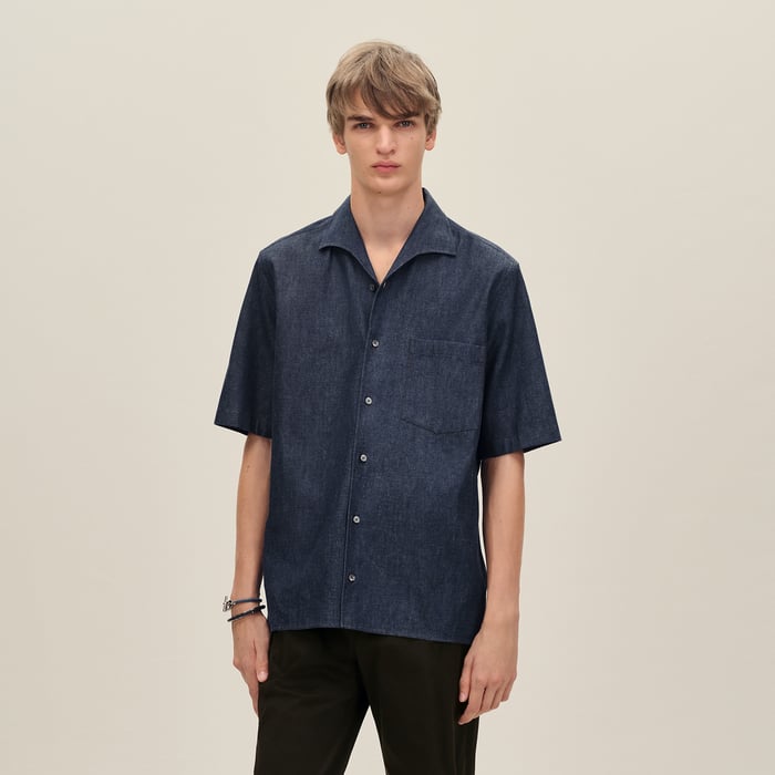 Indigo Short-sleeve Straight Cut Shirt With Notched Collar