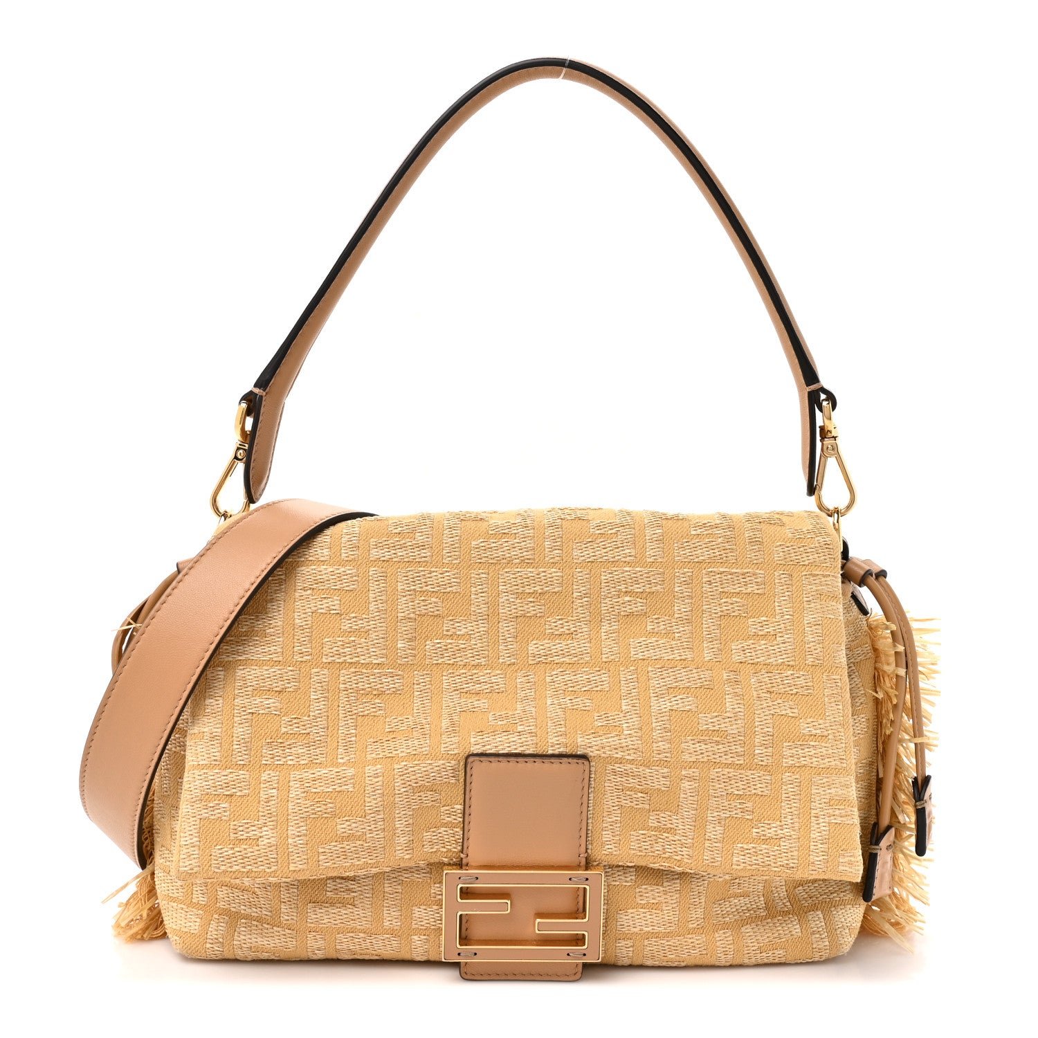Fendi Fabric Jacquard Raffia Straw Fringe Medium Mamma Baguette Beige