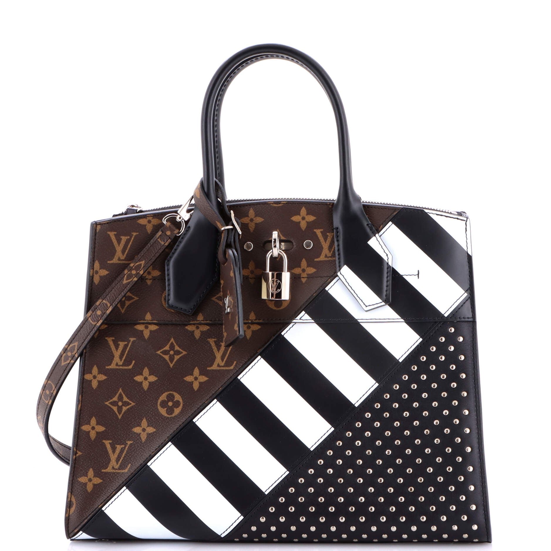 City Steamer Handbag Studded Leather and Monogram Canvas MM