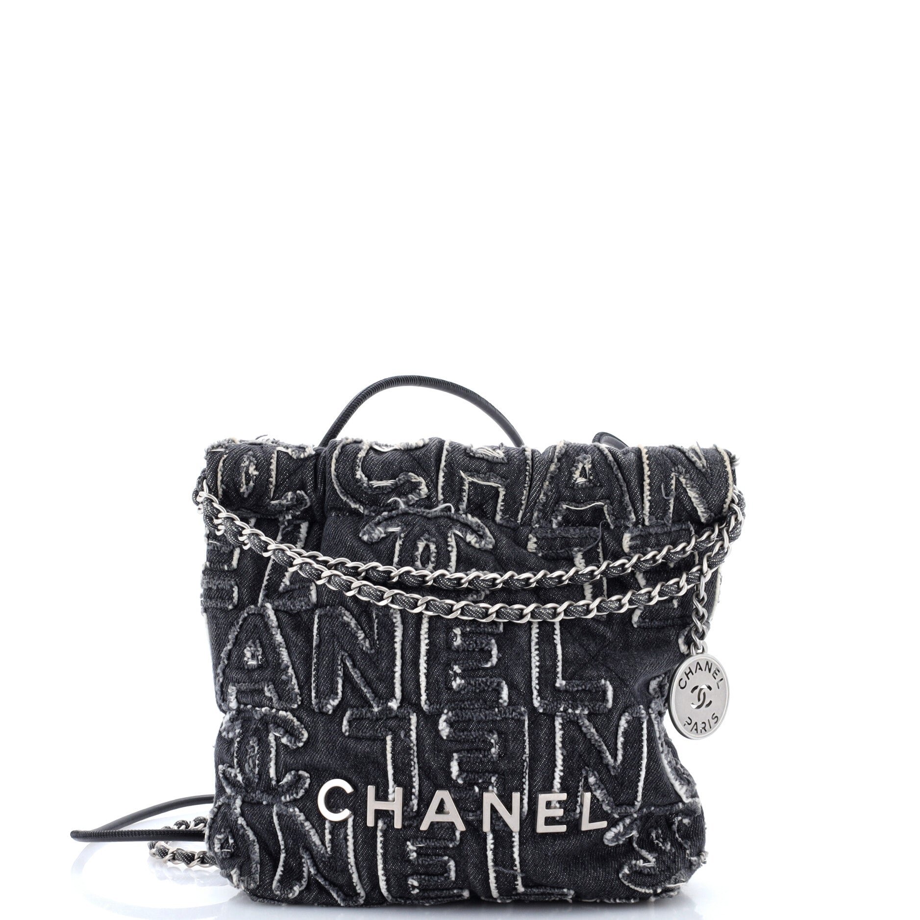 22 Chain Hobo Fringed Logo Quilted Denim Mini
