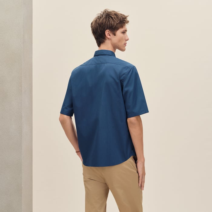 Indigo Short-sleeve Straight Cut Shirt With Leather Detail