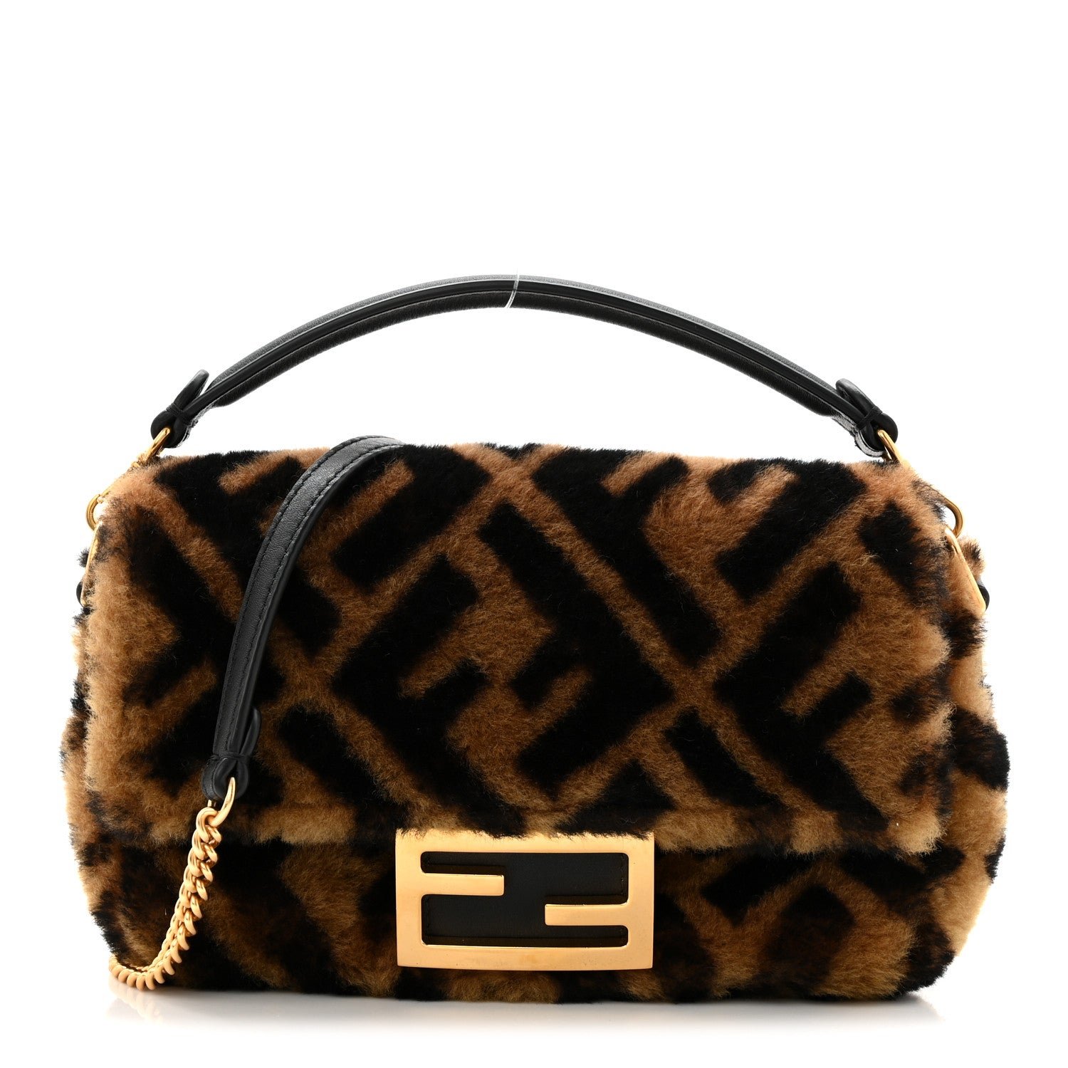 Fendi Shearling Vitello Dolce Macro FF 1974 Mini Baguette Tobacco Black