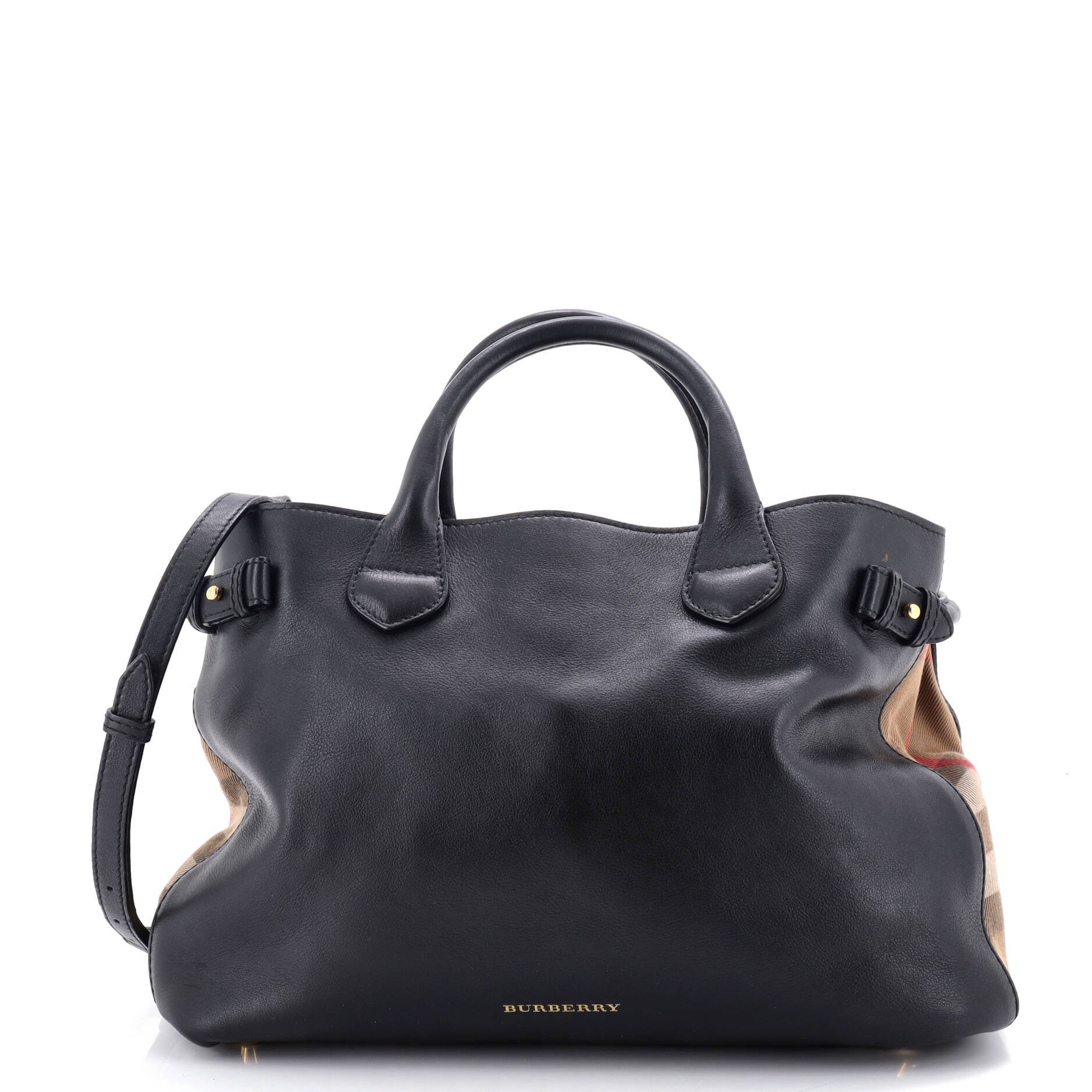 Banner Tote Leather and House Check Canvas Medium