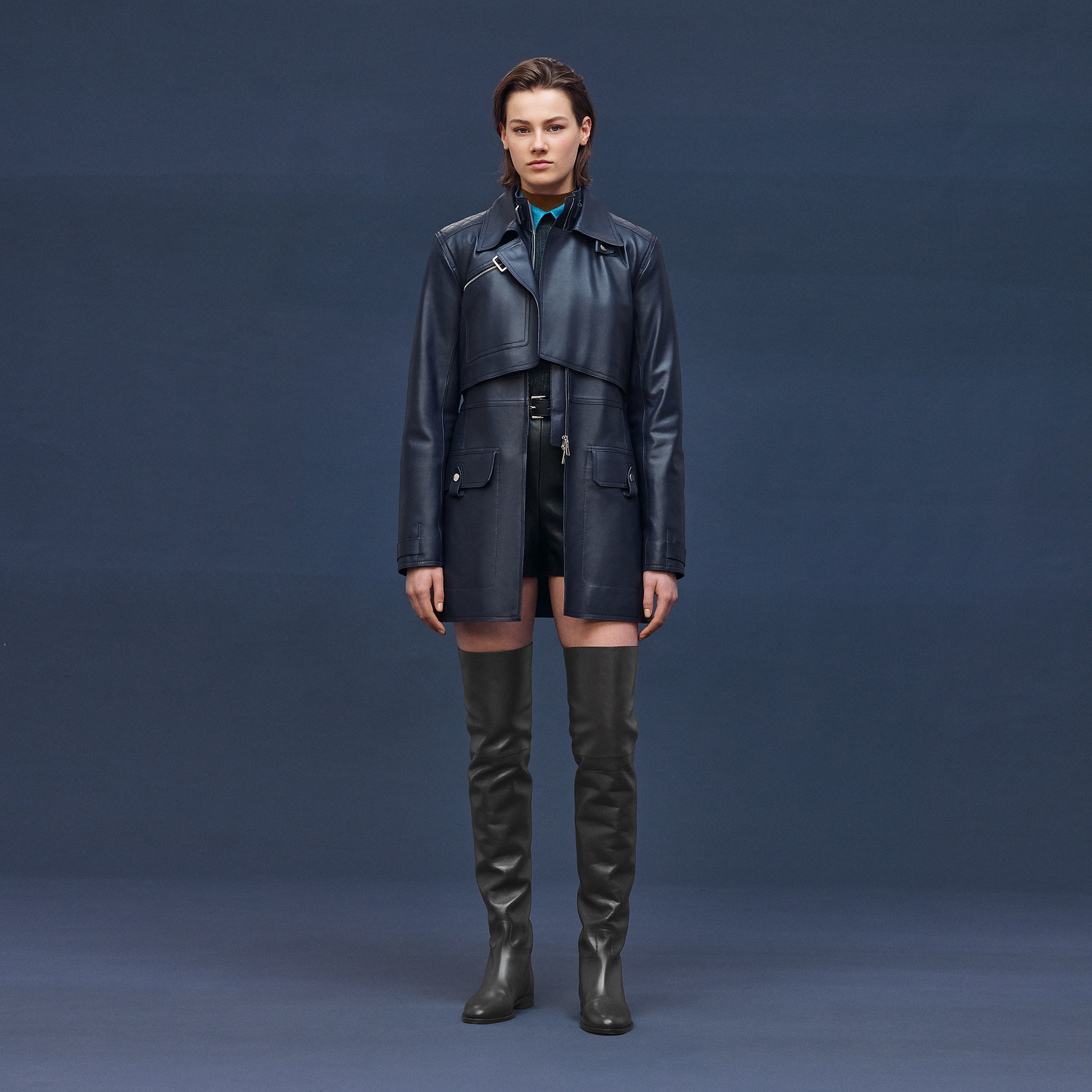 Short leather trench coat