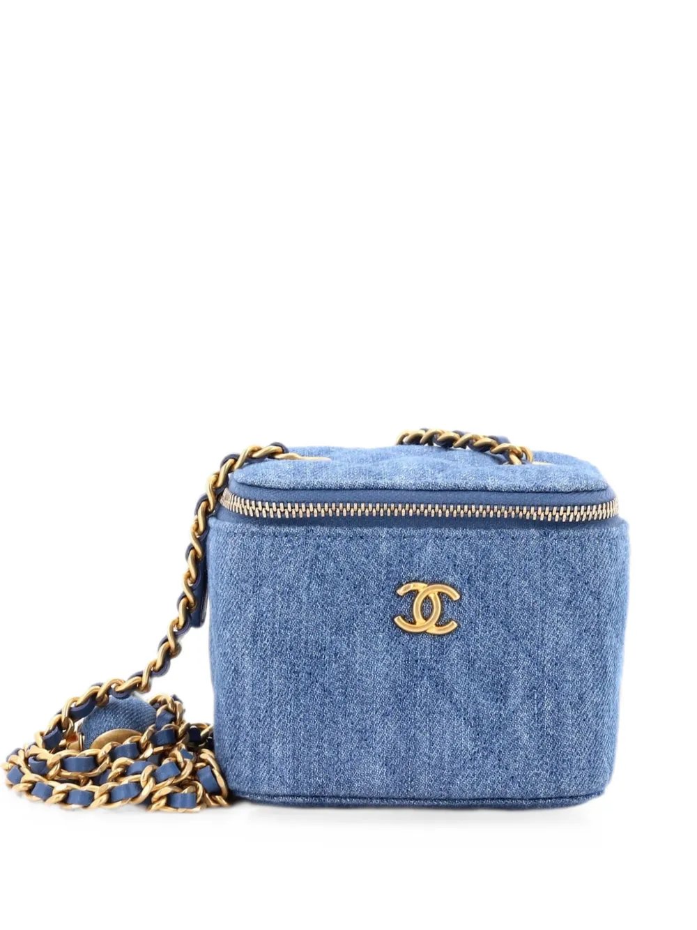 Pearl Crush Vanity Case with Chain Quilted Denim Mini clutch bag