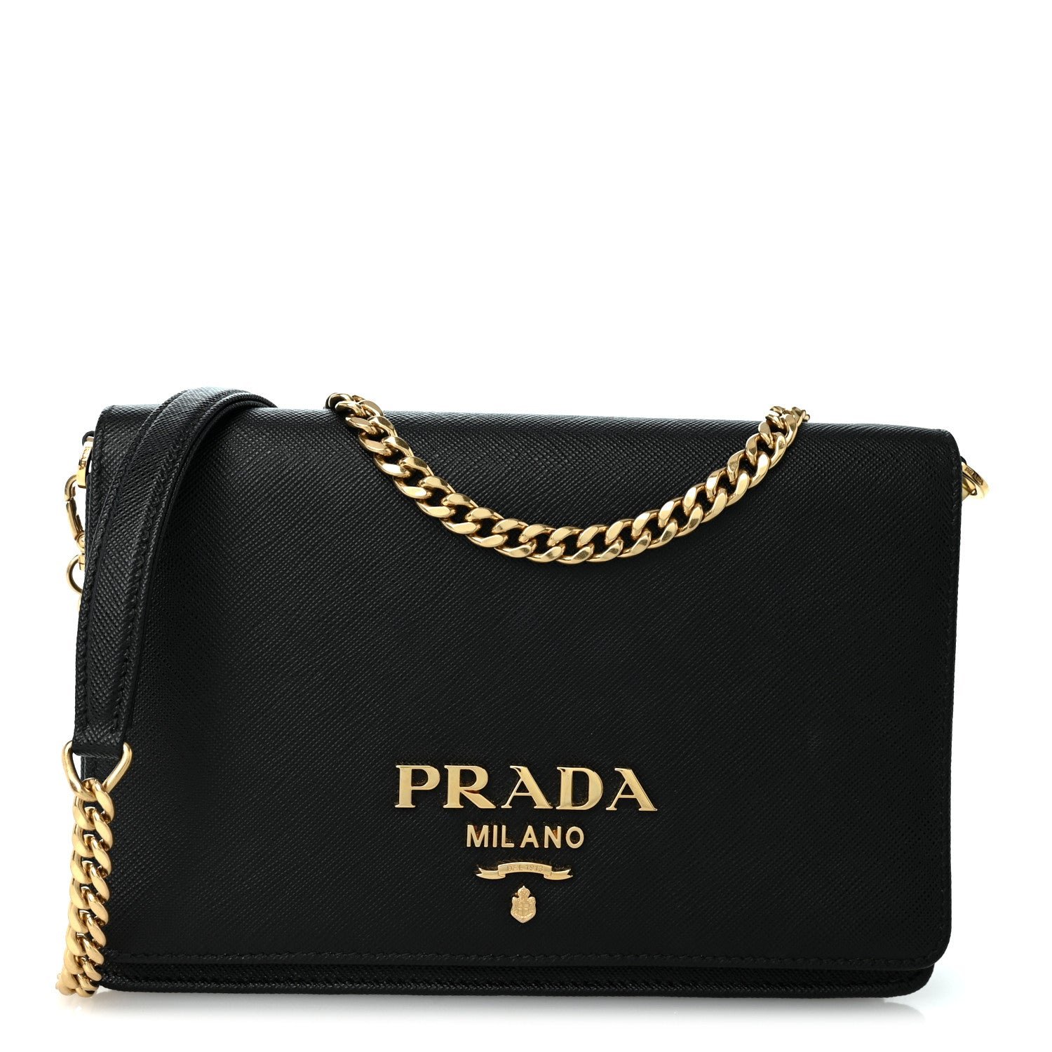 Prada Saffiano Lux Metal Logo Mini Chain Flap Crossbody Bag Black