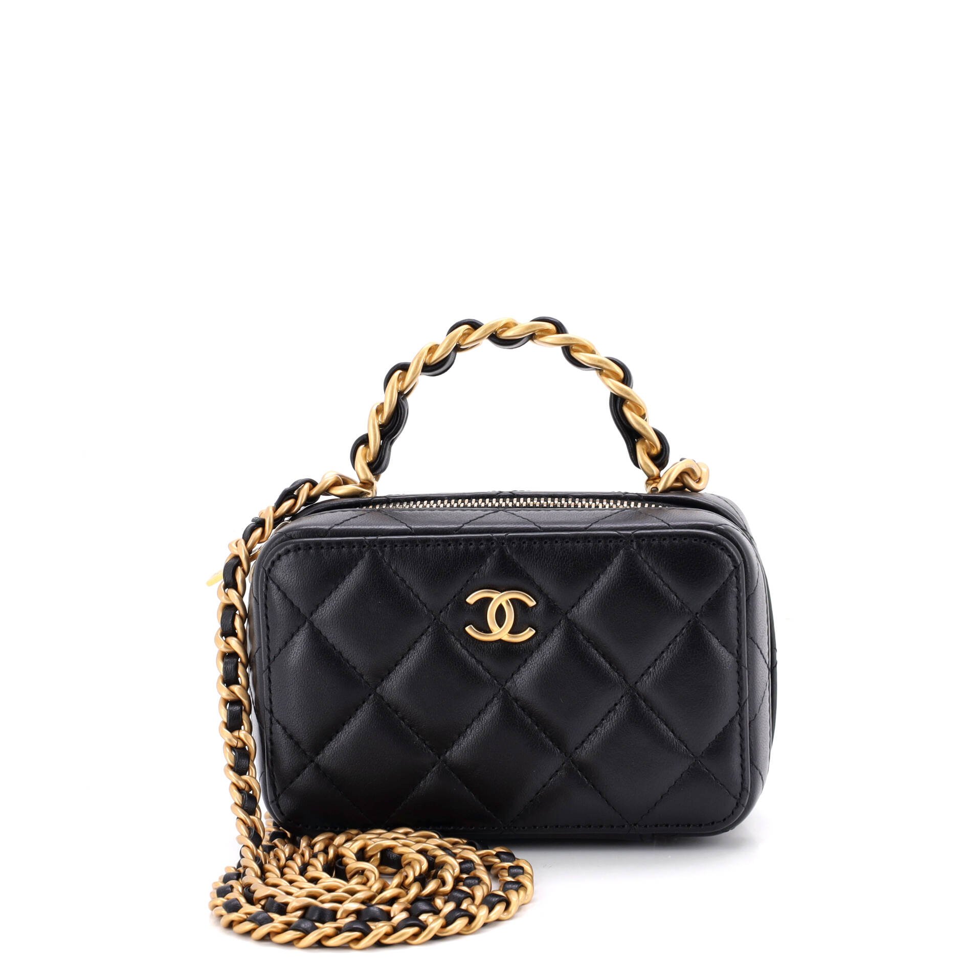 CC Chain Handle Zip Around Vanity Case with Chain Quilted Lambskin Mini
