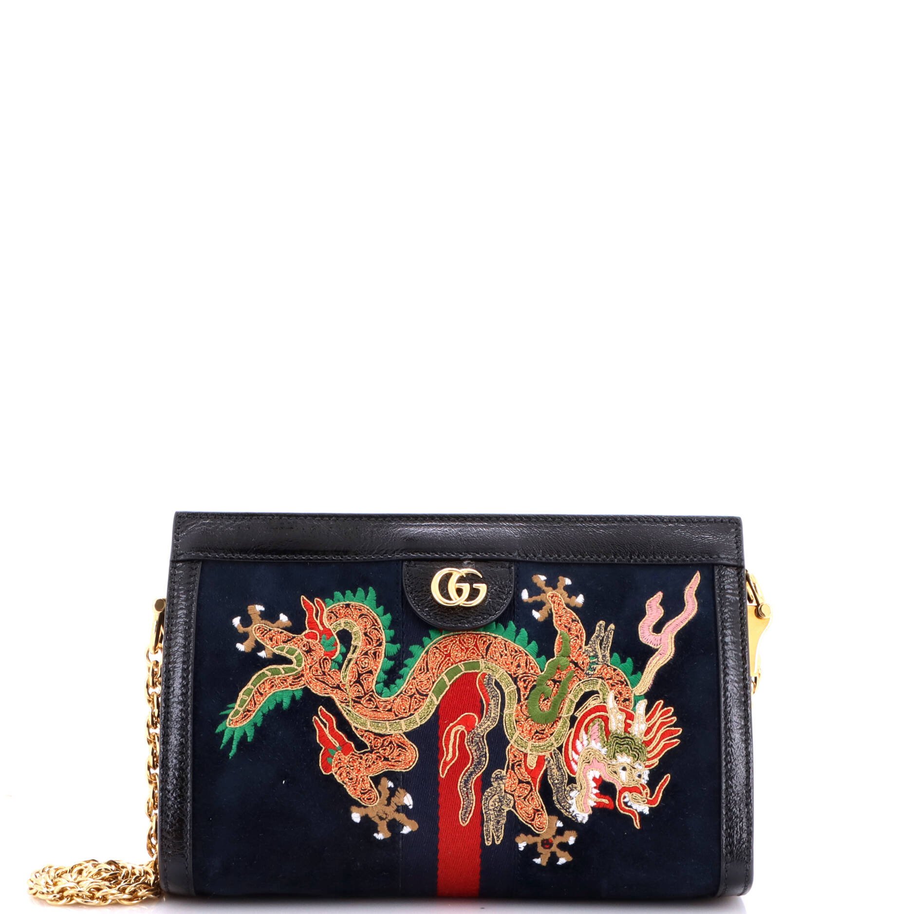 Ophidia Chain Shoulder Bag Embroidered Suede Small