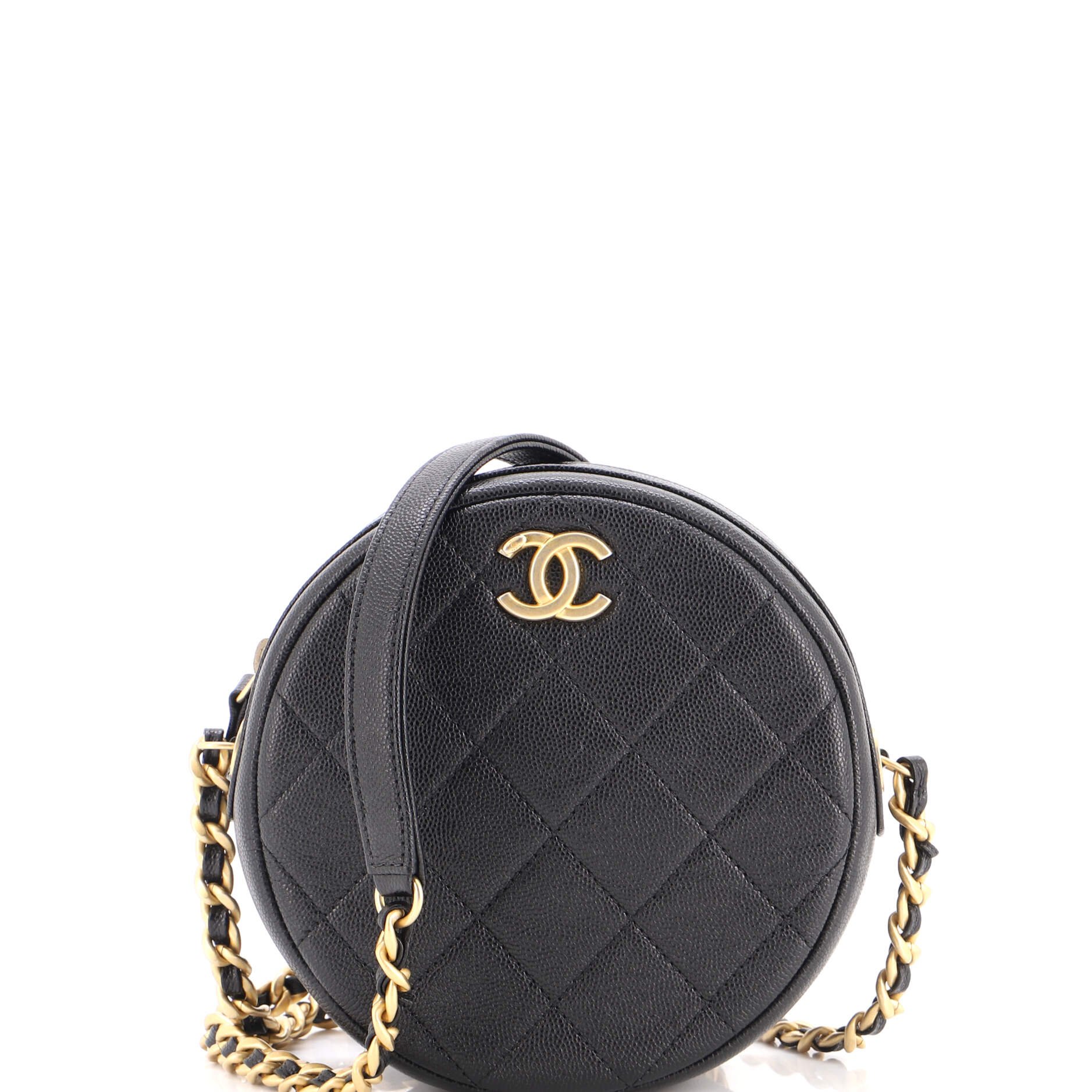 Round Chain Crossbody Bag Quilted Caviar Small