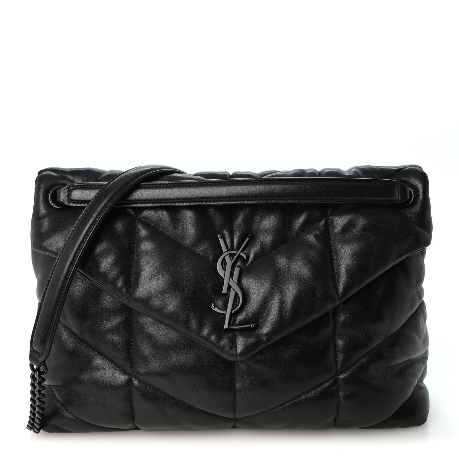 Saint Laurent Lambskin Quilted Monogram Monochrome Medium Loulou Puffer Chain Satchel Black