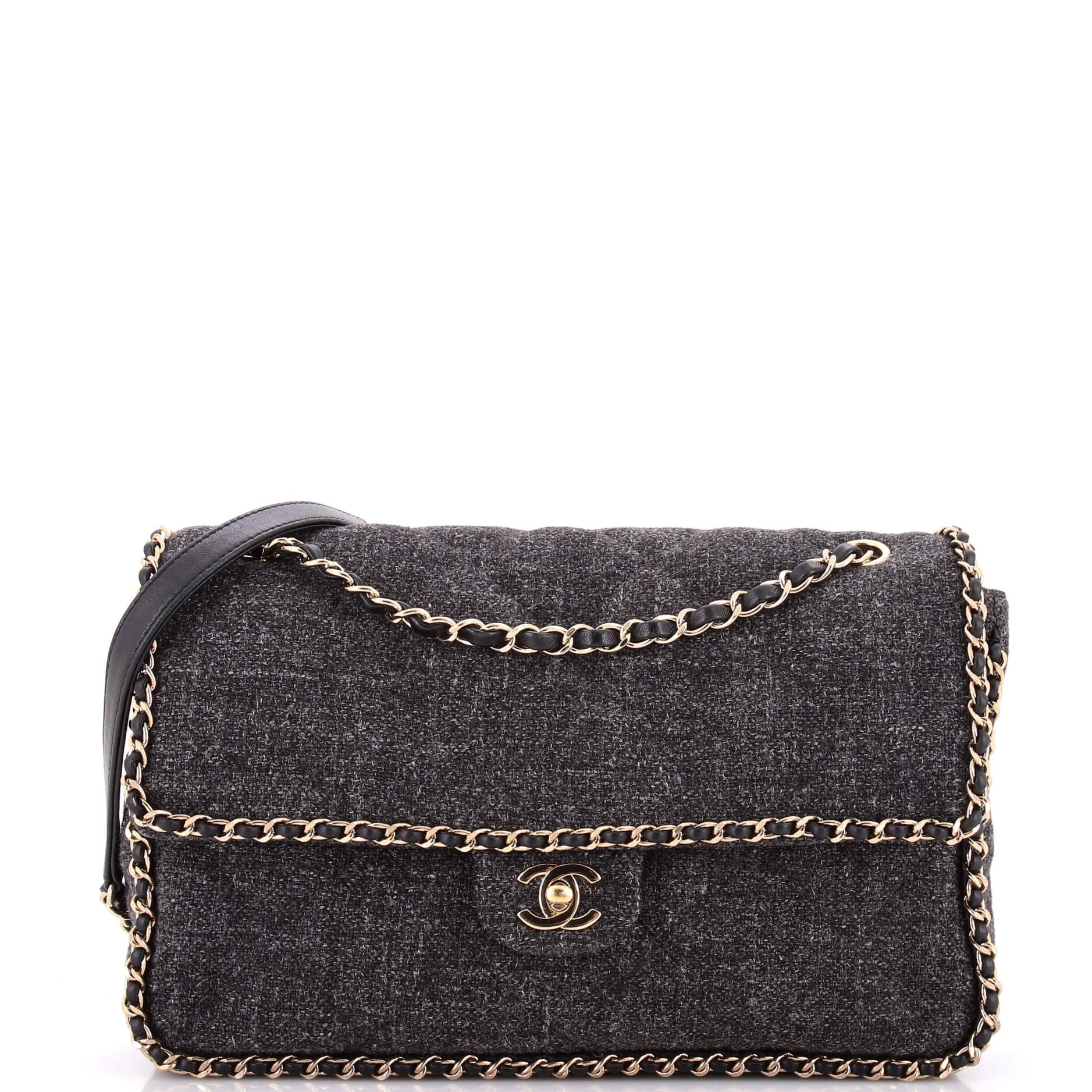 Running Chain Around Flap Bag Quilted Wool Tweed Medium