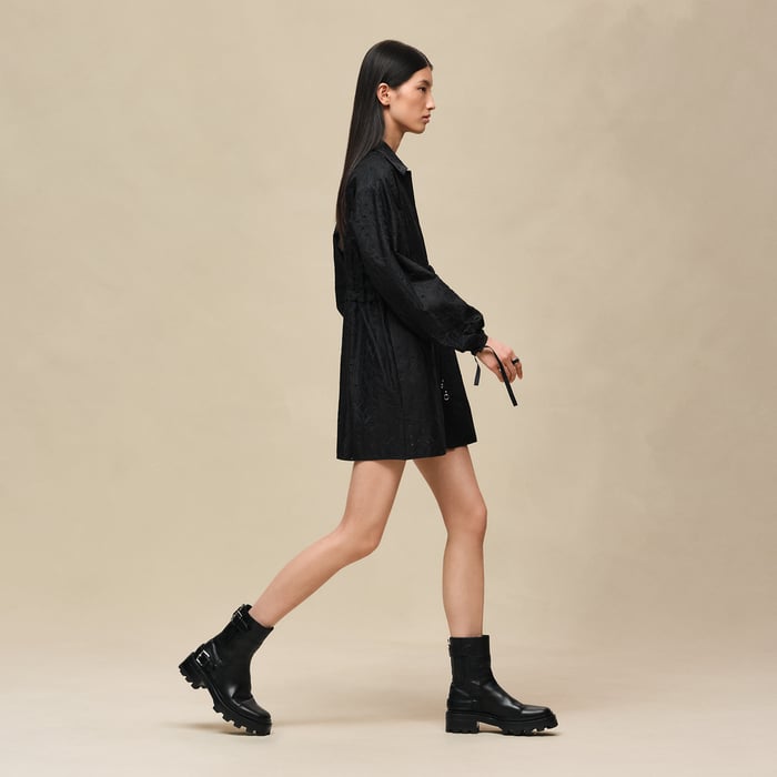 Noir Robe Coulissée Brodée