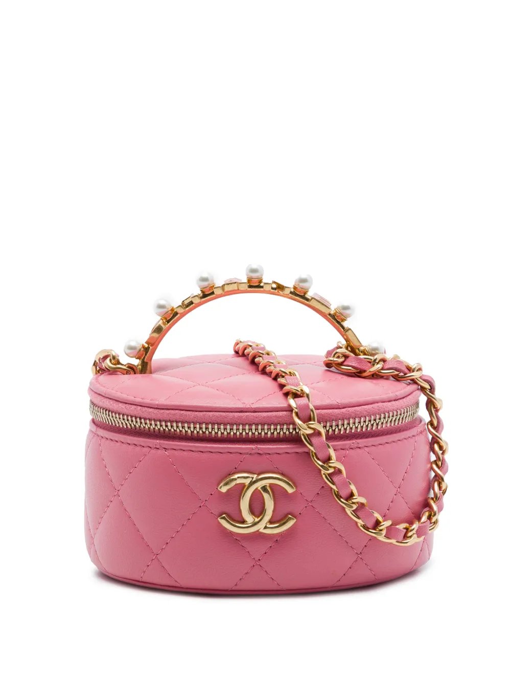 2021-2026 Mini CC Quilted Lambskin Pearl Top Handle Vanity Case with Chain satchel