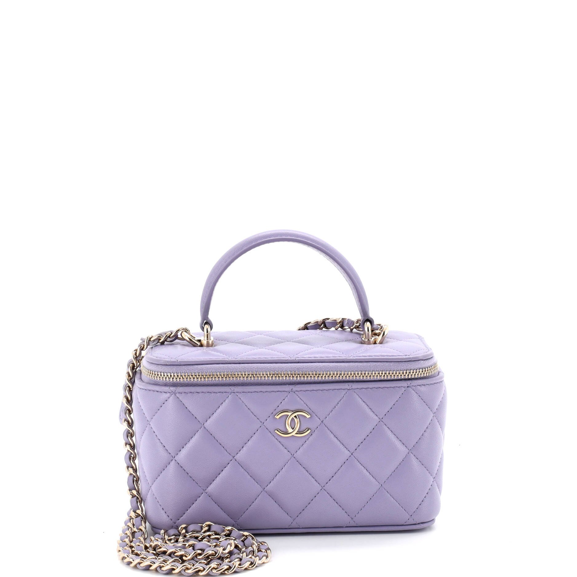 Classic Top Handle Vanity Case with Chain Quilted Lambskin Small