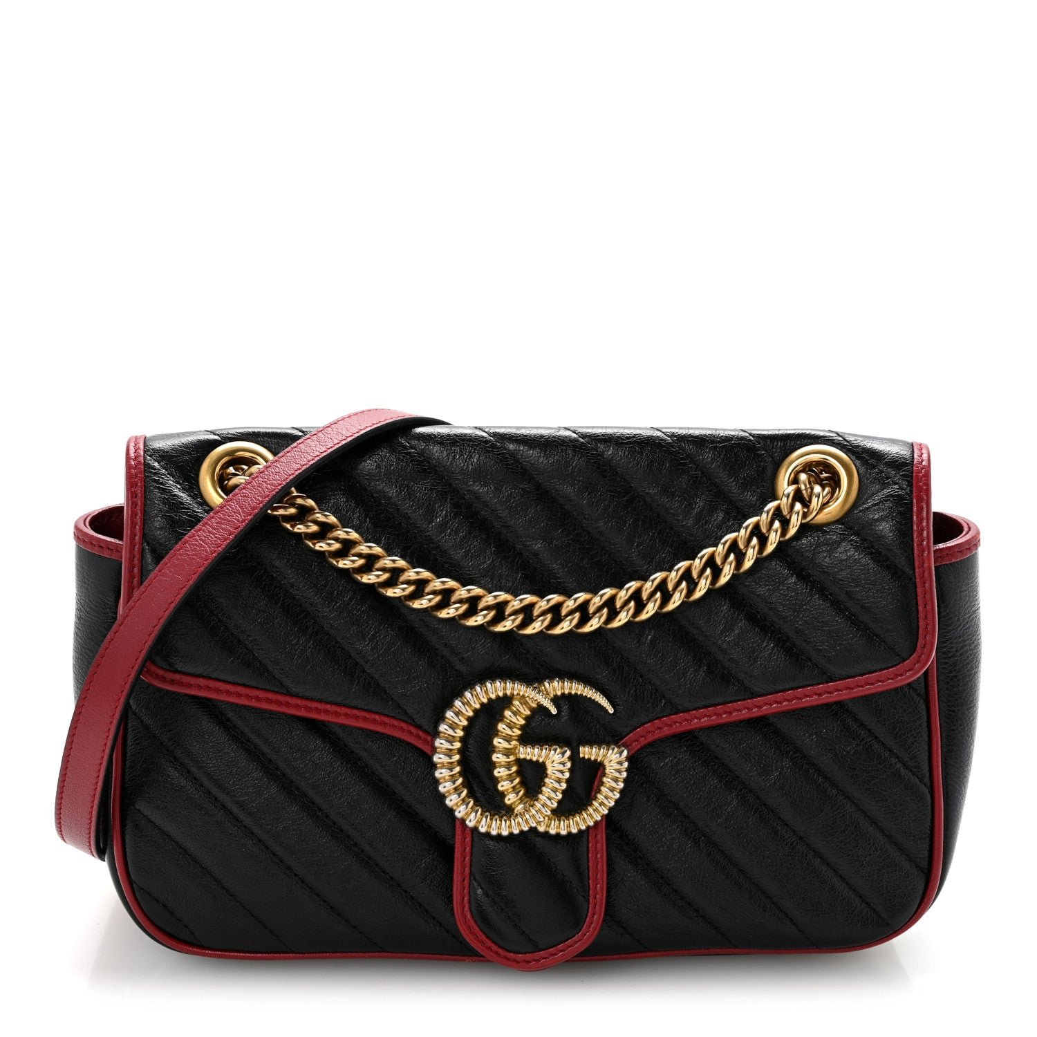 Gucci Vintage Effect Calfskin Matelasse Diagonal Small Torchon GG Marmont Shoulder Bag Black Romantic Cherry