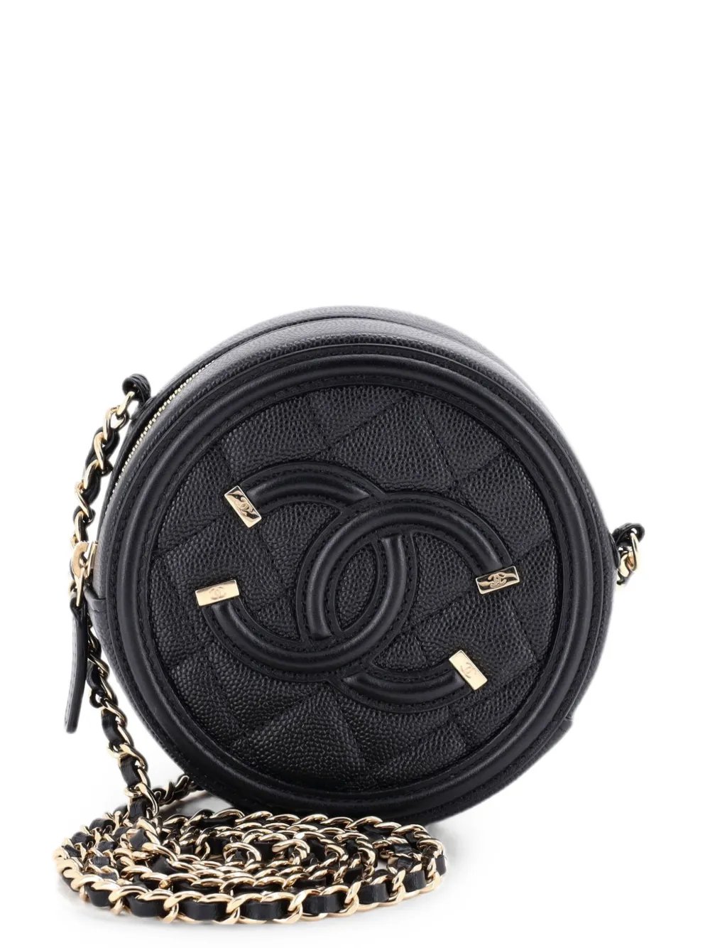 Filigree Round Clutch with Chain Quilted Caviar Mini crossbody bag
