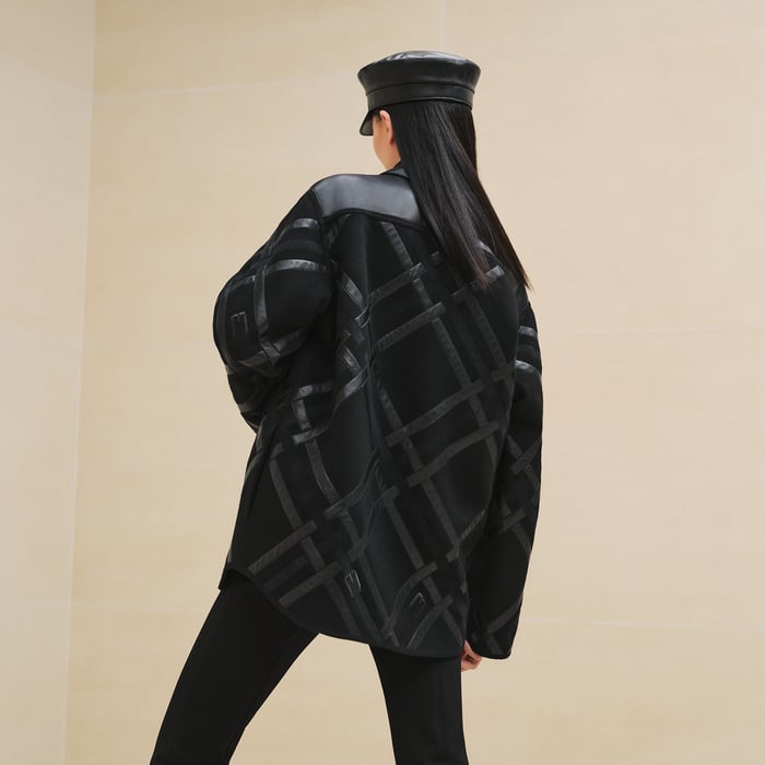 Noir Mixed Leather Embroidered Pea Coat