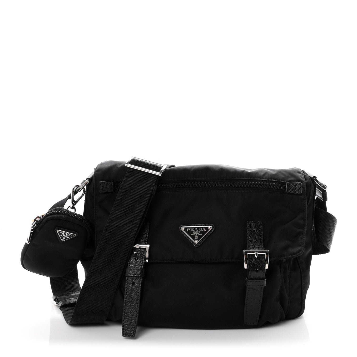 Prada Re-Nylon Vela Saffiano Pocket Double Buckle Messenger Shoulder Bag Black