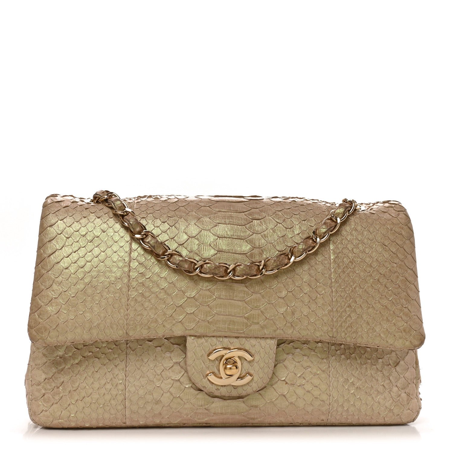 Chanel Metallic Snakeskin Medium Double Flap Light Beige