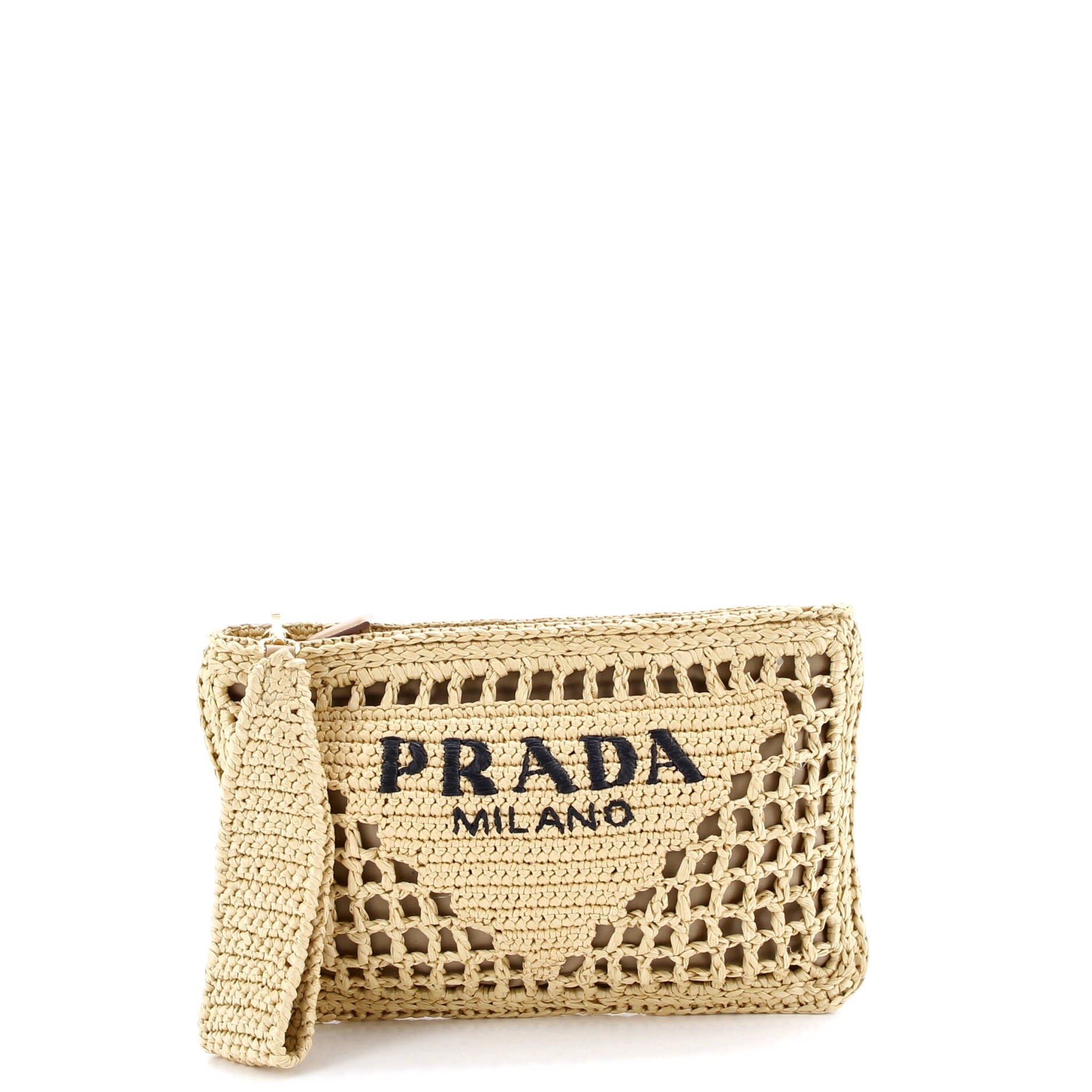 Prada Triangle Logo Zip Clutch Raffia