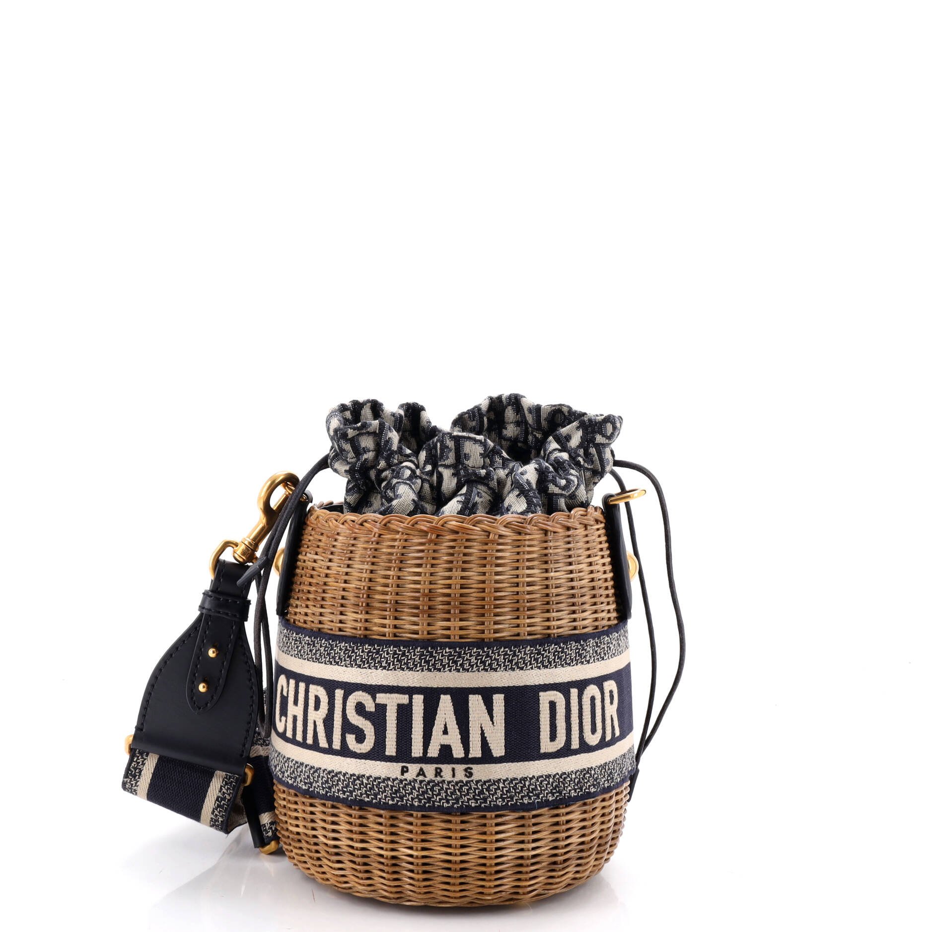 Drawstring Bucket Bag Wicker with Oblique Canvas