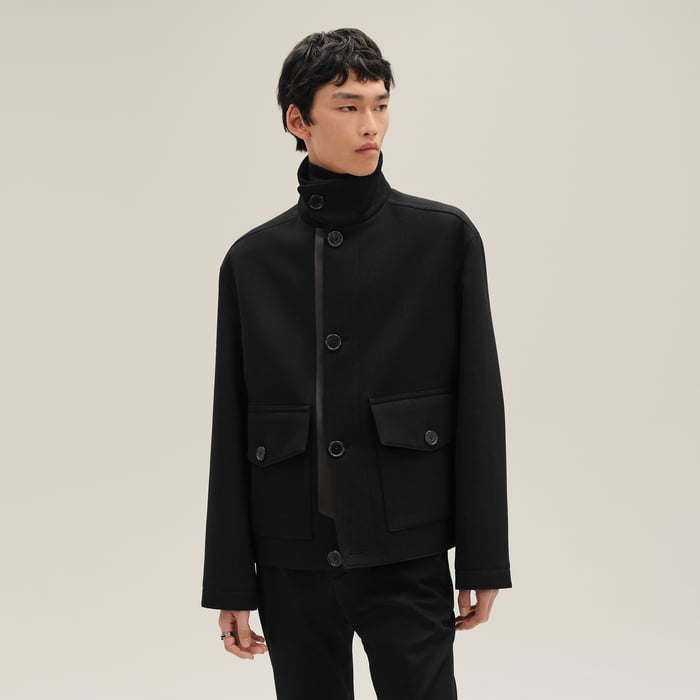 Noir Straight Cut Jacket With Leather Detail