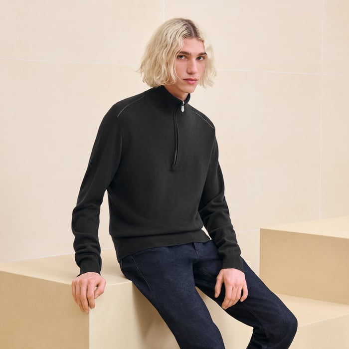 Noir Cashmere "Detail Cuir" Full-zip Sweater