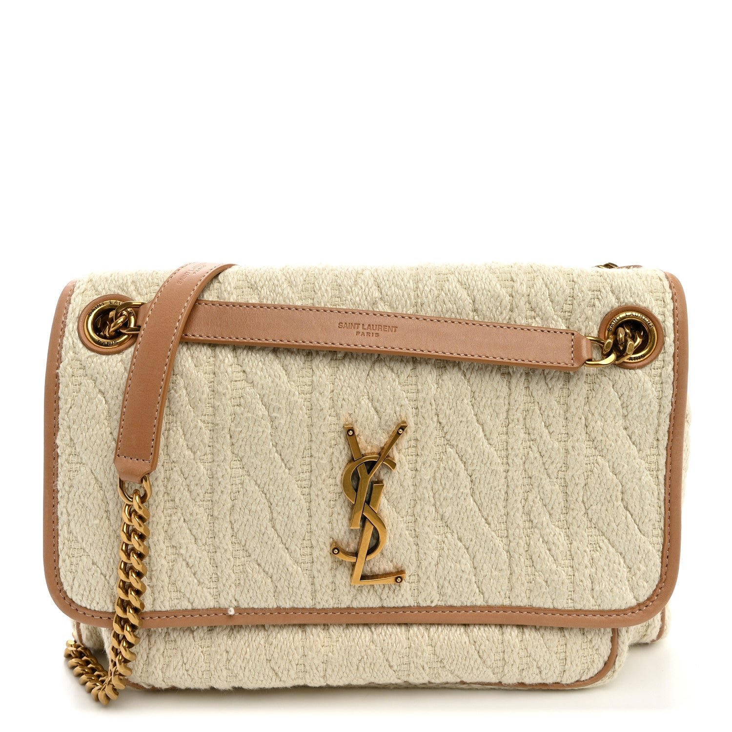 Saint Laurent Jacquard Monogram Medium Niki Chain Satchel Soy Milk Brown