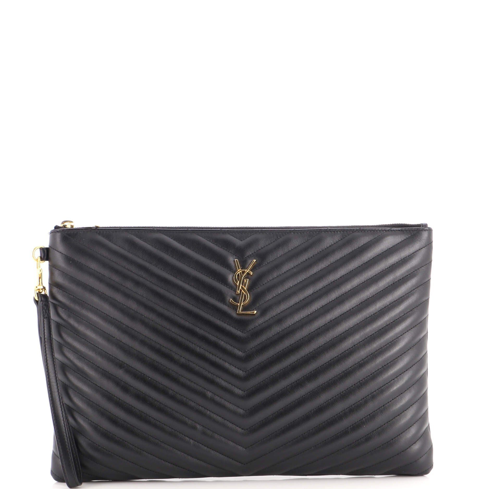 Classic Monogram Wristlet Pouch Matelasse Chevron Leather Large