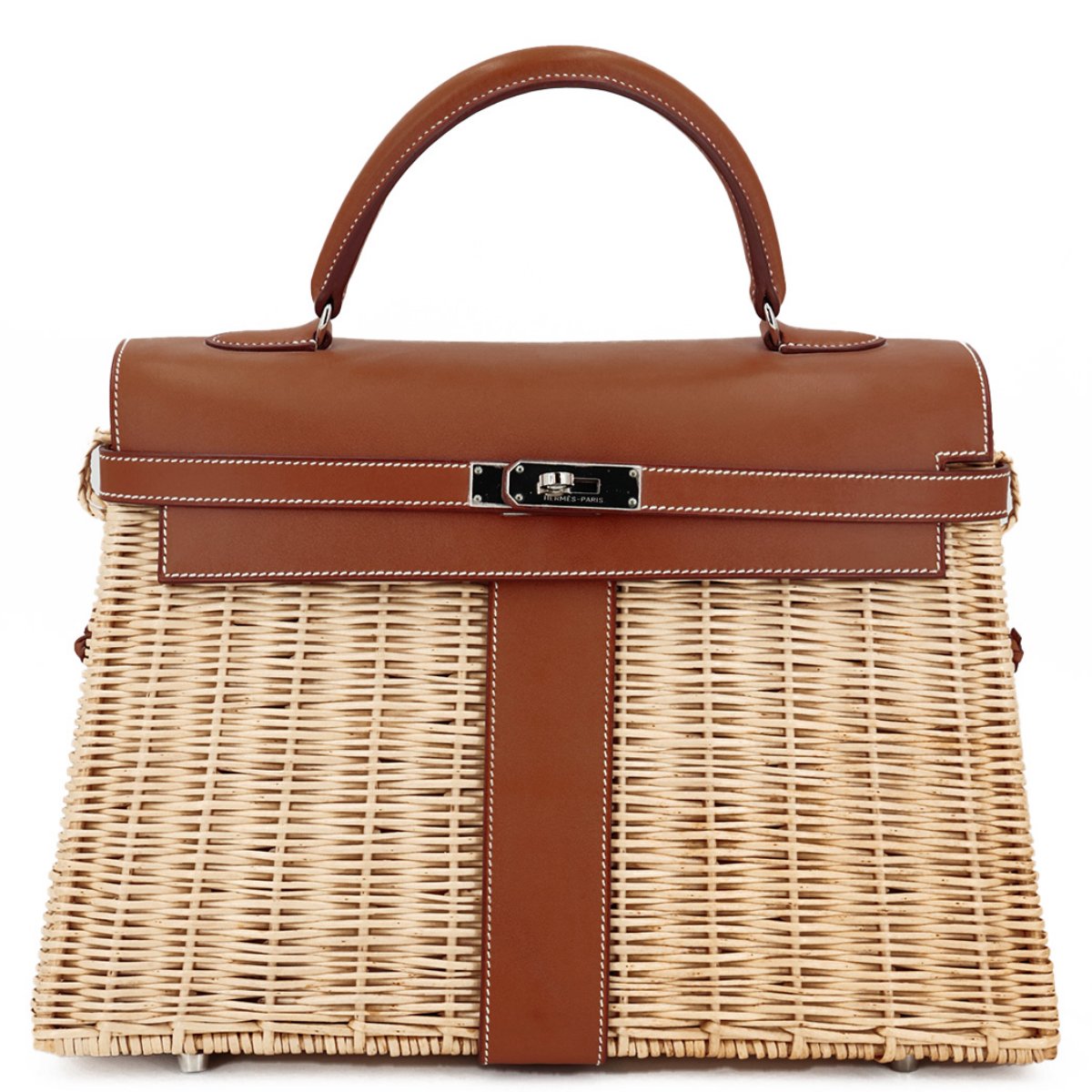 HERMÈS Limited Edition Kelly Picnic 35 handbag in Osier Wicker and Fauve Barenia Leather with Palladium hardware