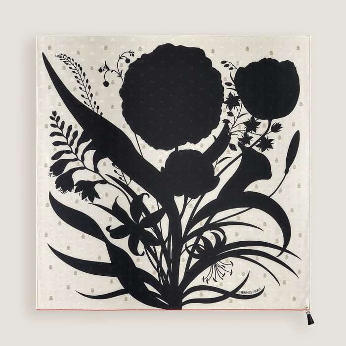 Hermès Bouquet Final leather tassel scarf 90 Crème/Noir/Vermillon