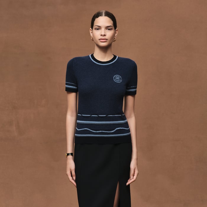 Bleu Lagune Pull Manches Courtes Motif « ex-libris »