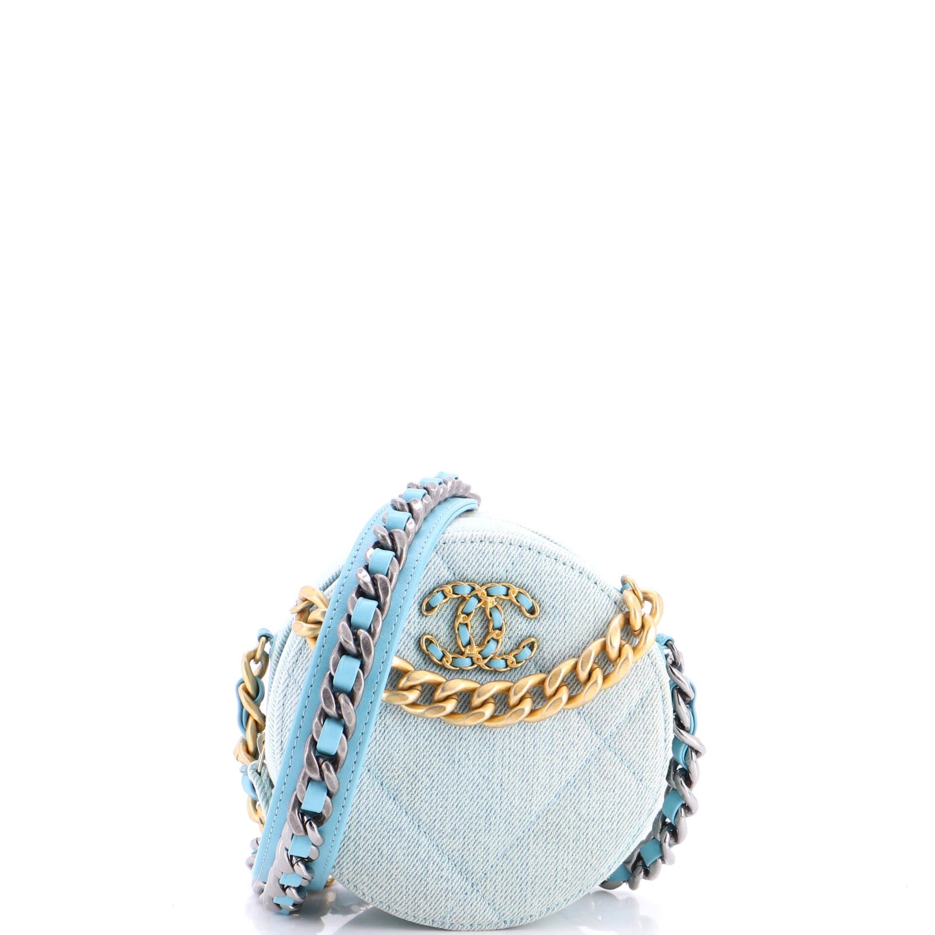 19 Round Clutch with Chain Quilted Denim
