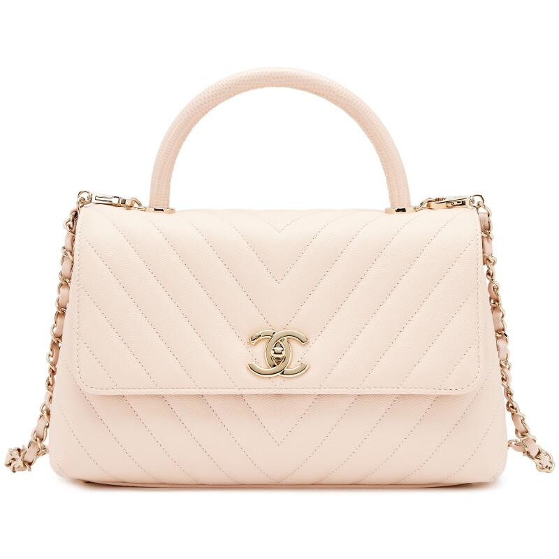 Light Beige Chevron Quilted Caviar Lizard Embossed Medium Coco Top Handle Flap Bag Light Gold Hardware, 2020