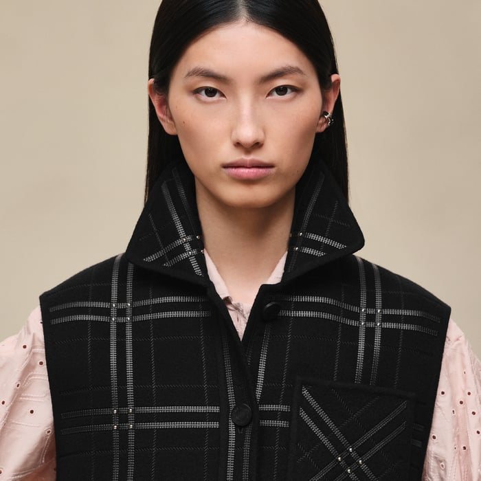 Noir Embroidered Short Vest With Leather Detail