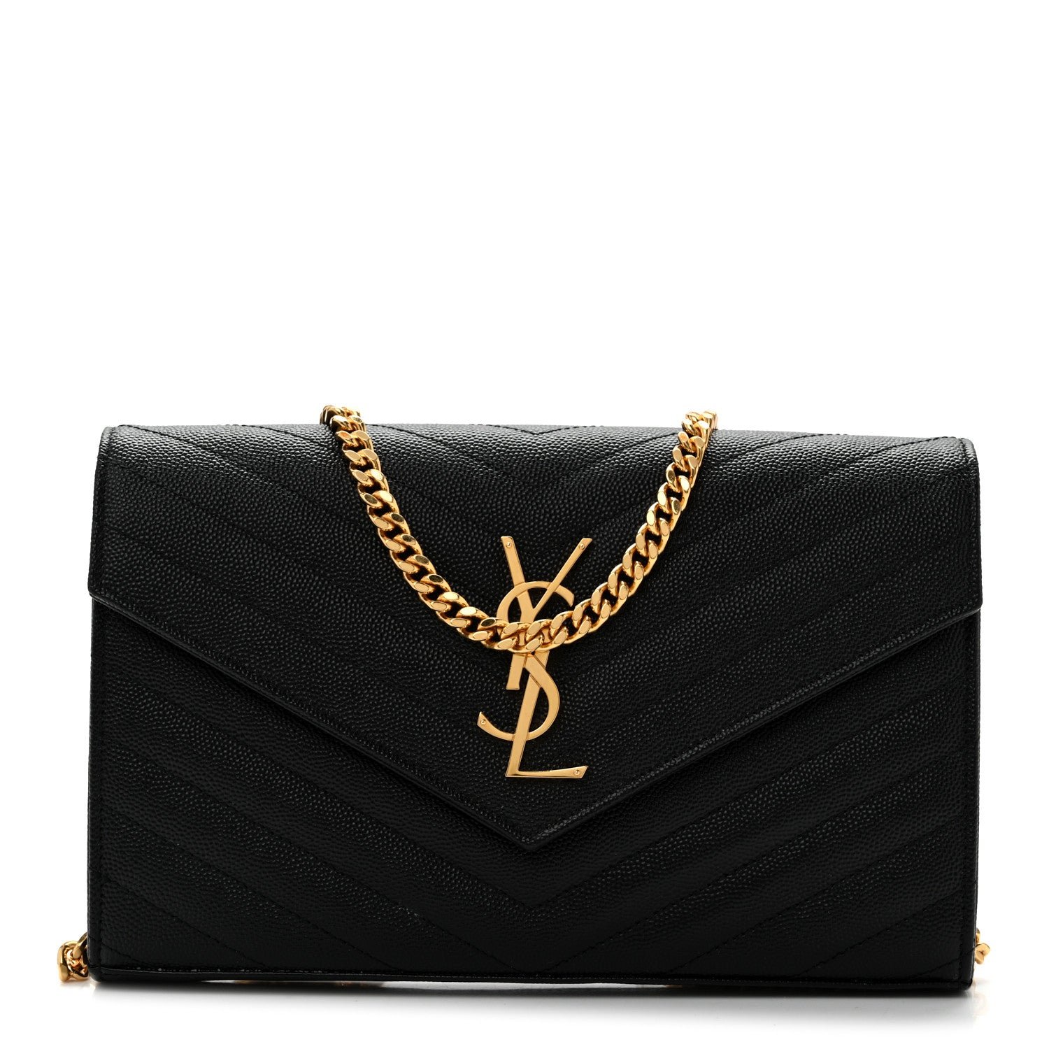 Saint Laurent Grain De Poudre Matelasse Chevron Monogram Chain Wallet Black