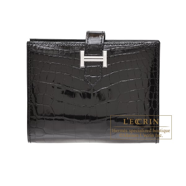 Hermes Bearn compact wallet Black Alligator crocodile skin Silver hardware
