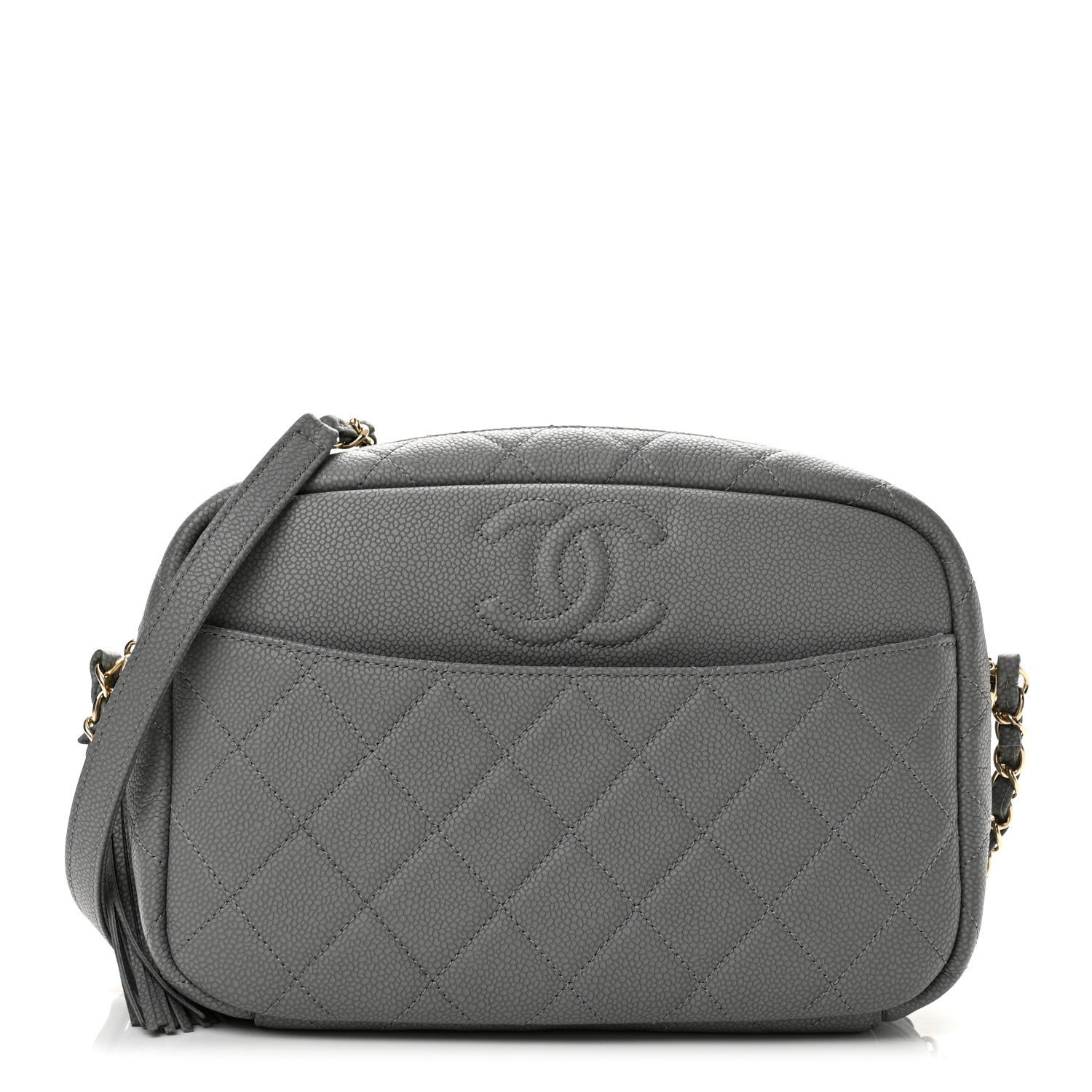 Chanel Iridescent Caviar Flat Quilted Small Coco Tassel Camera Case Grey