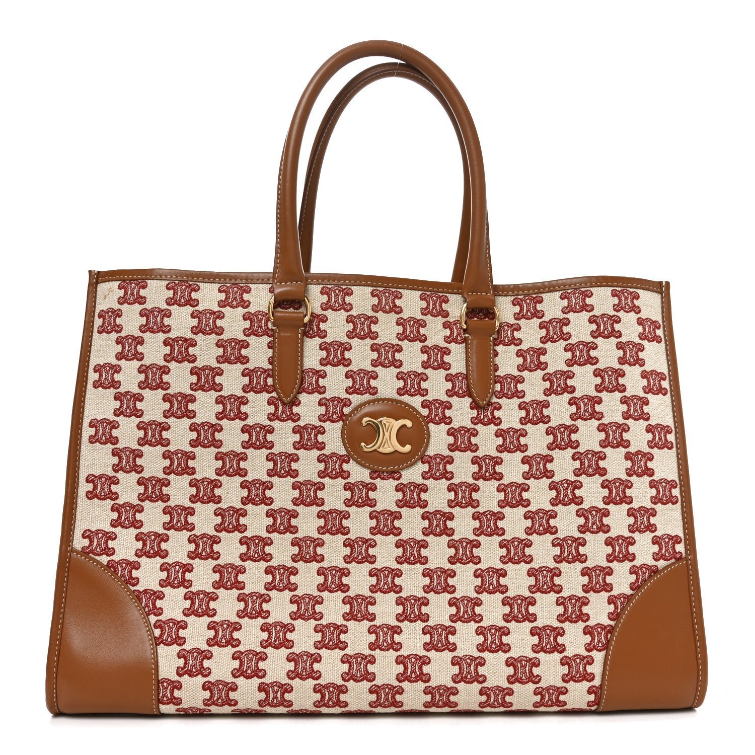 Celine Canvas Calfskin Triomphe Embroidered Horizontal Cabas Burgundy