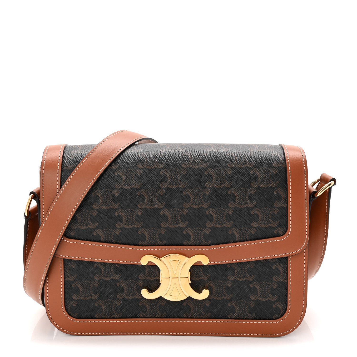 Celine Triomphe Canvas Calfskin Medium Triomphe Bag Tan