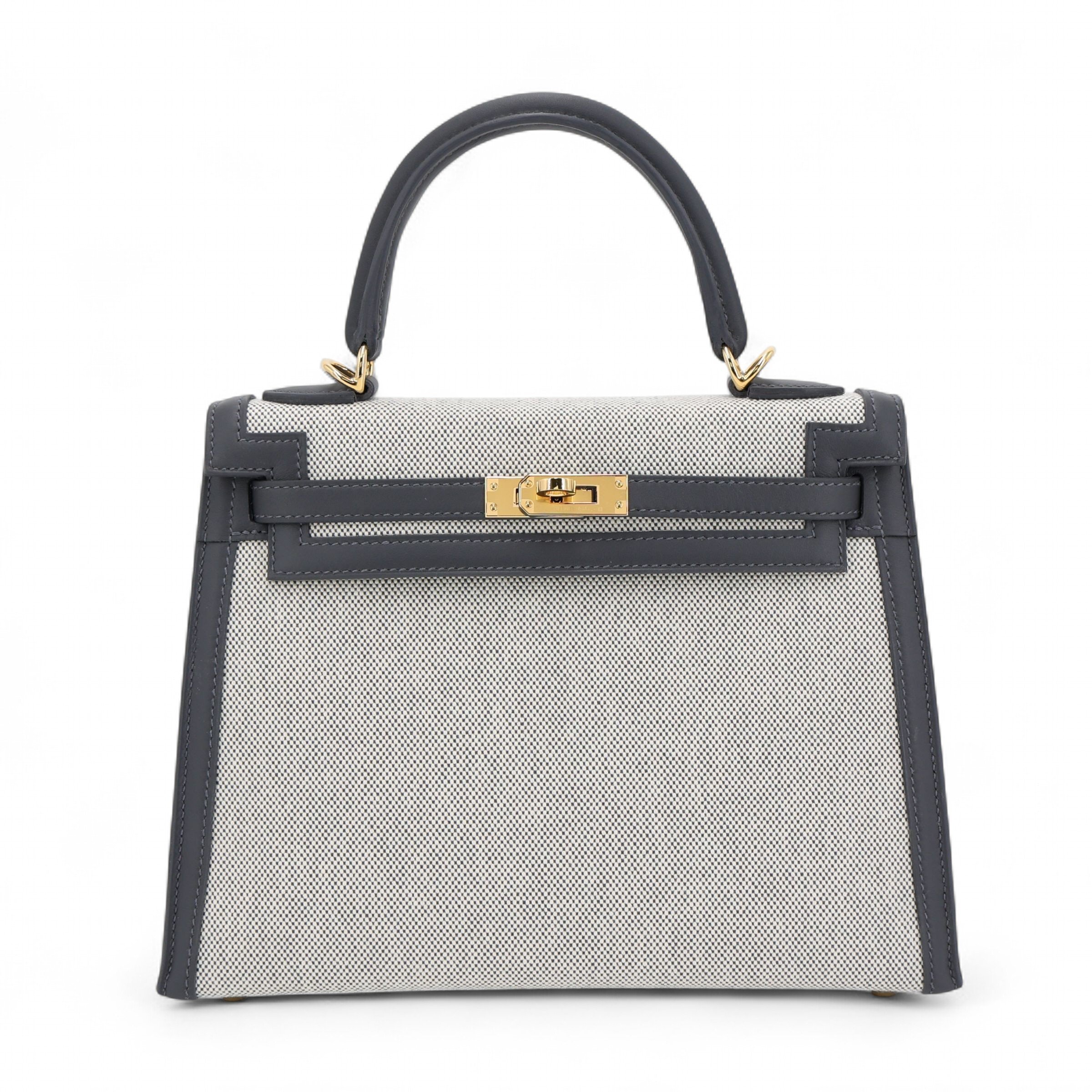 Hermes Brand New ( Rank N ) HERMÈS Kelly 25 Sellier Ardoise (85) Ecru Swift Toile Quadrille canvas Gold hardware K (2025)