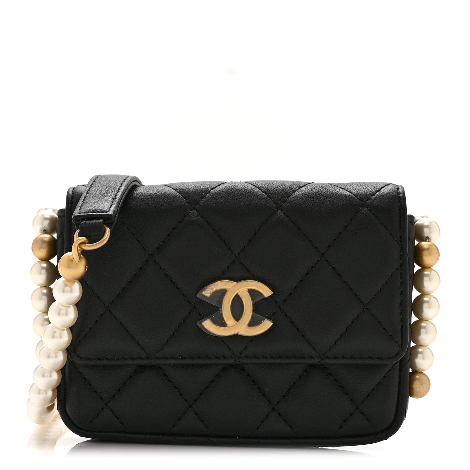 Chanel Calfskin Quilted About Pearls Card Holder Flap With Chain Black