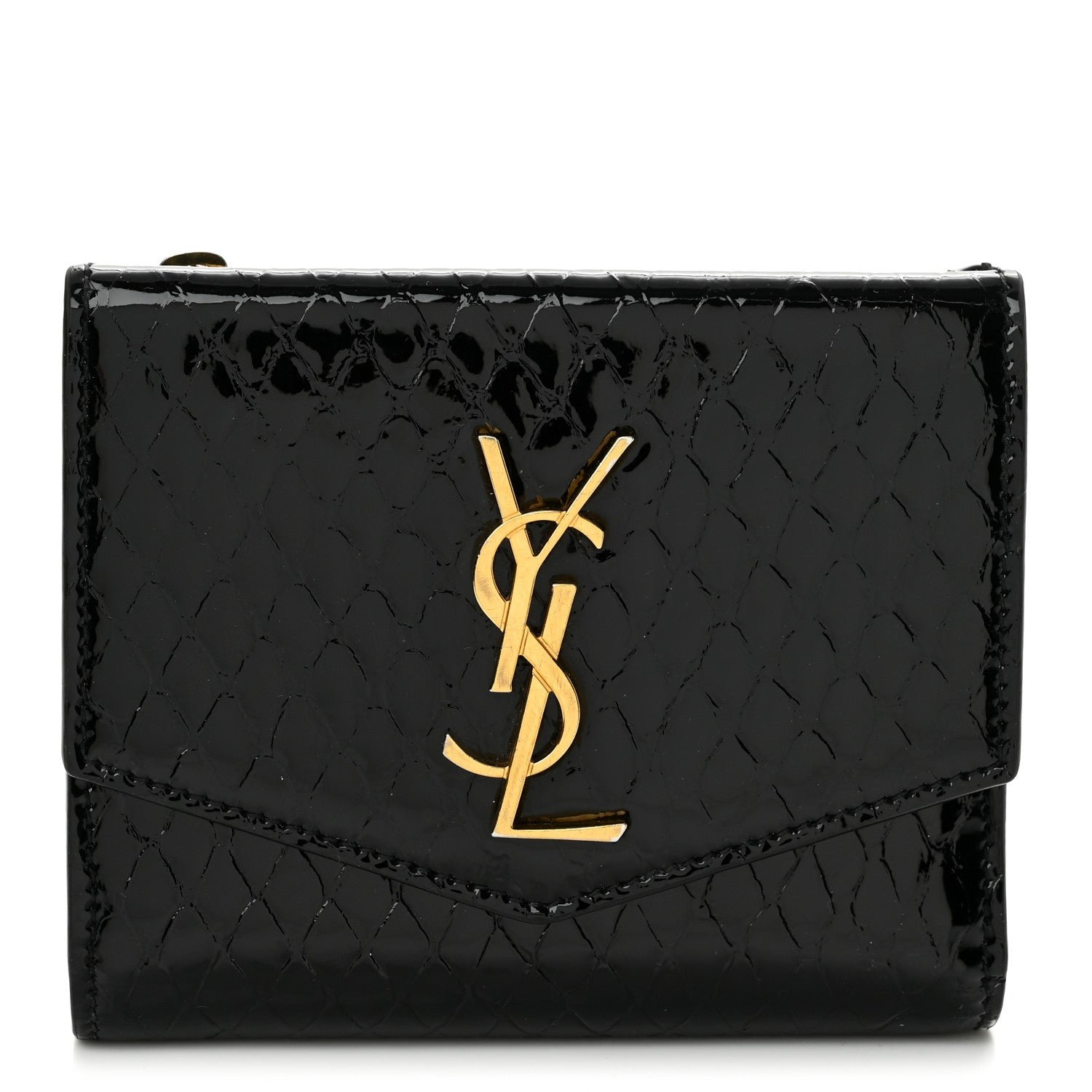 Saint Laurent Shiny Calfskin Crocodile Embossed Monogram Uptown Compact Wallet  Black