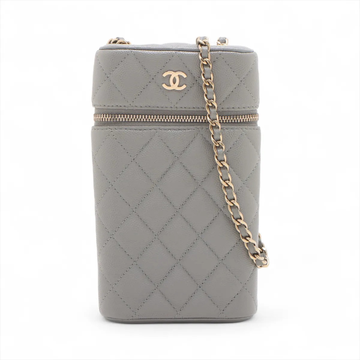 Chanel Matelasse Caviar Skin Chain Shoulder Bag Phone Pouch Gray Gold Metal Fitt