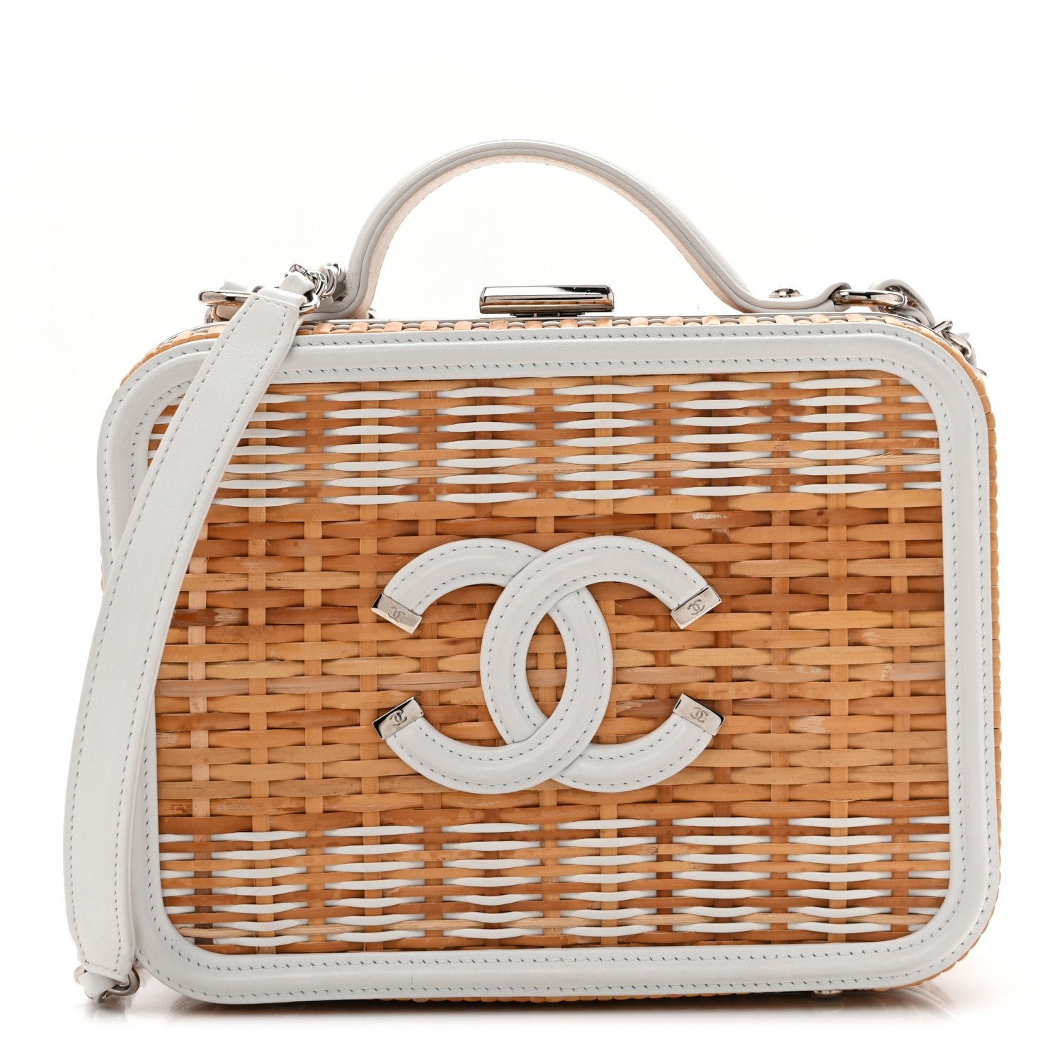 Chanel Raffia Calfskin CC Filigree Vanity Case White