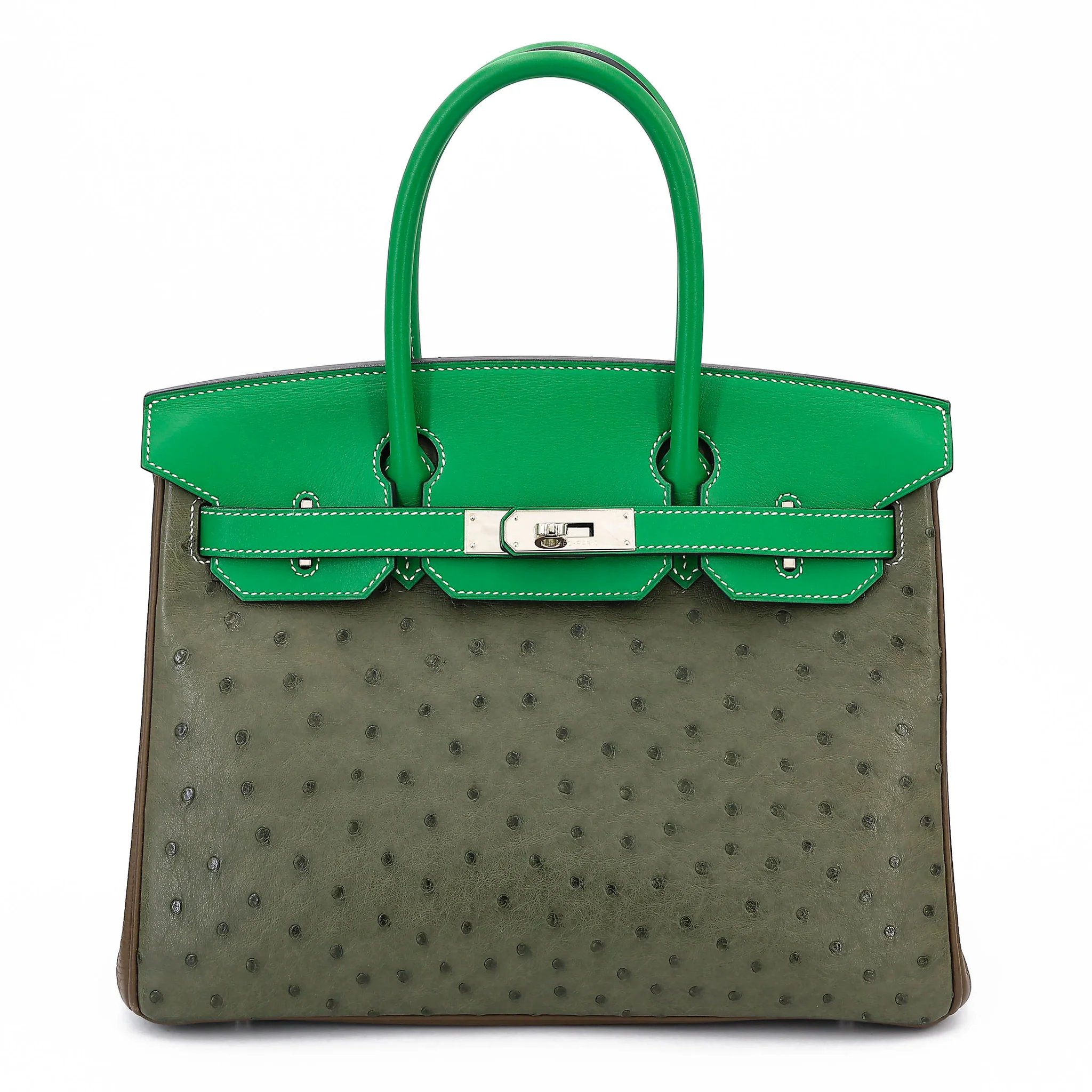 Very Good ( Rank A) HERMÈS Birkin 30 Vert Veronese (6H) Taupe (16) Bamboo (1K) Ostrich Clemence Swift Palladium hardware Square R (2014)