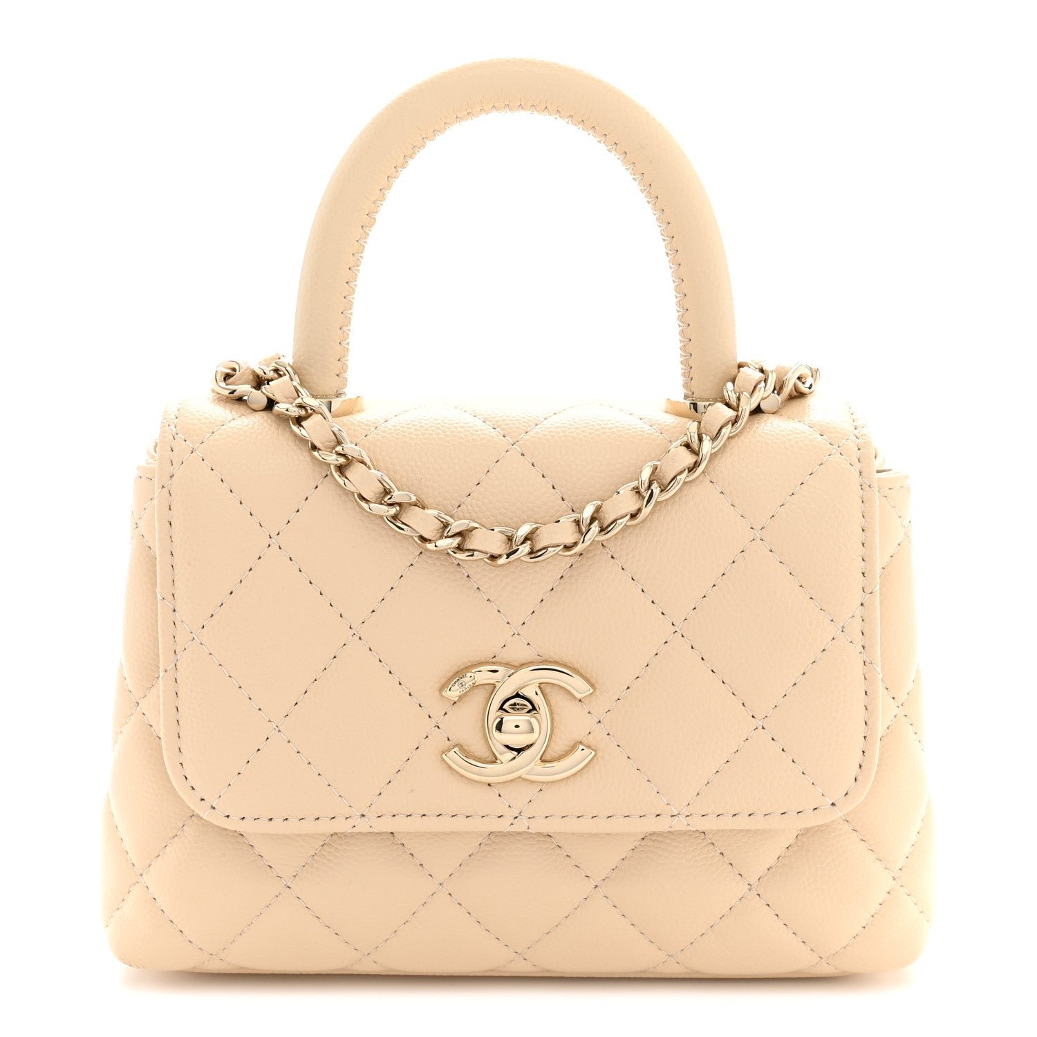 Chanel Caviar Quilted Coco Handle Clutch With Chain Beige