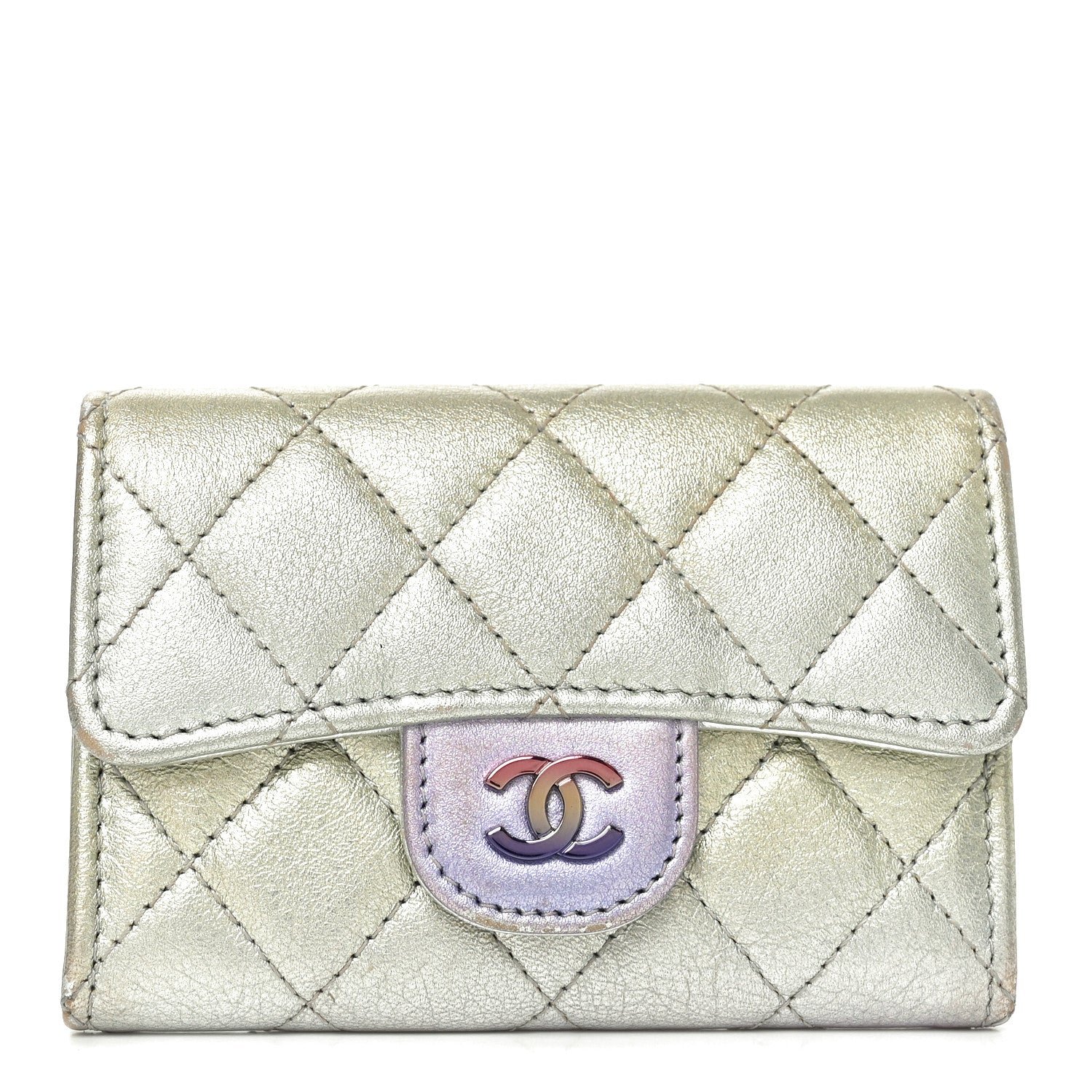 Chanel Gradient Metallic Calfskin Quilted Flap Card Holder Wallet Silver Blue Yellow Purple