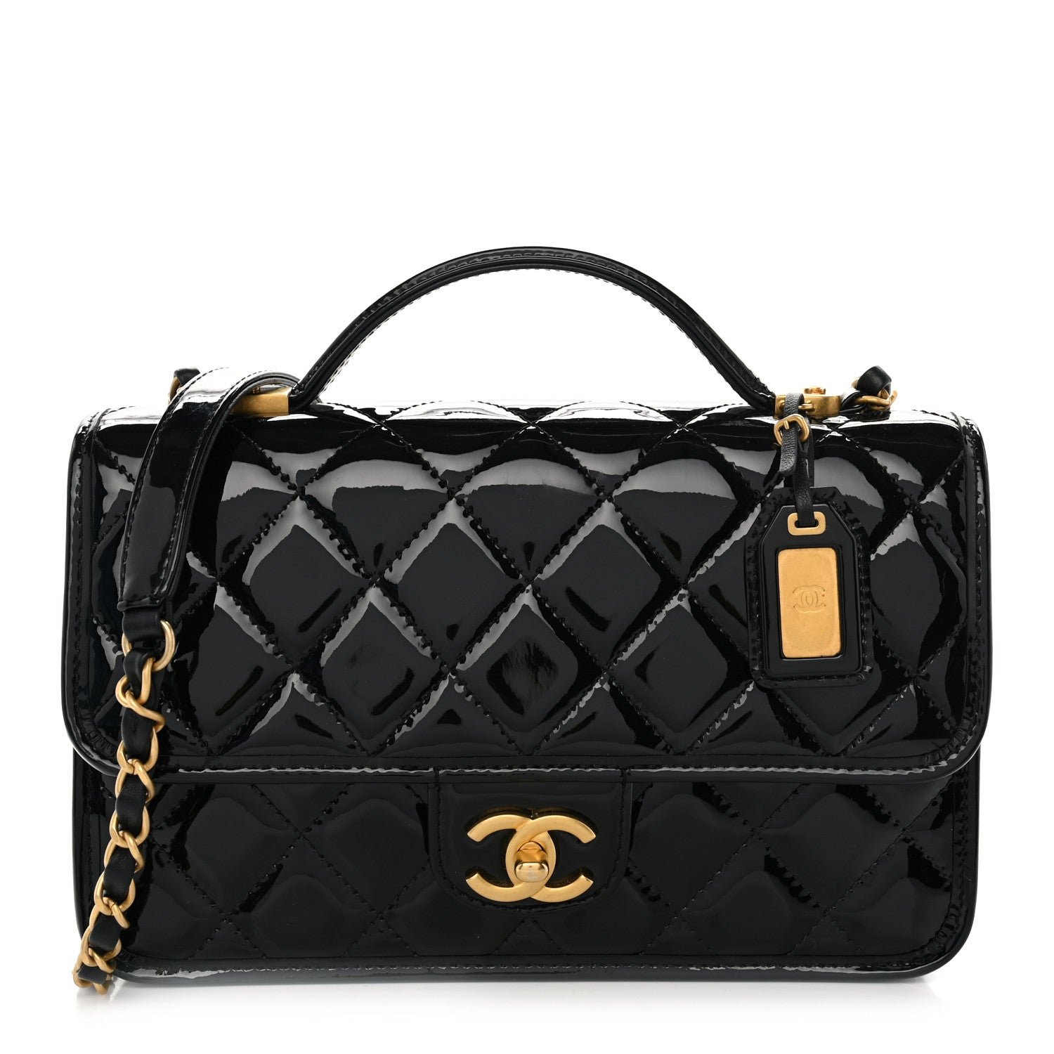 Chanel Patent Quilted Small School Memory Top Handle Flap Black